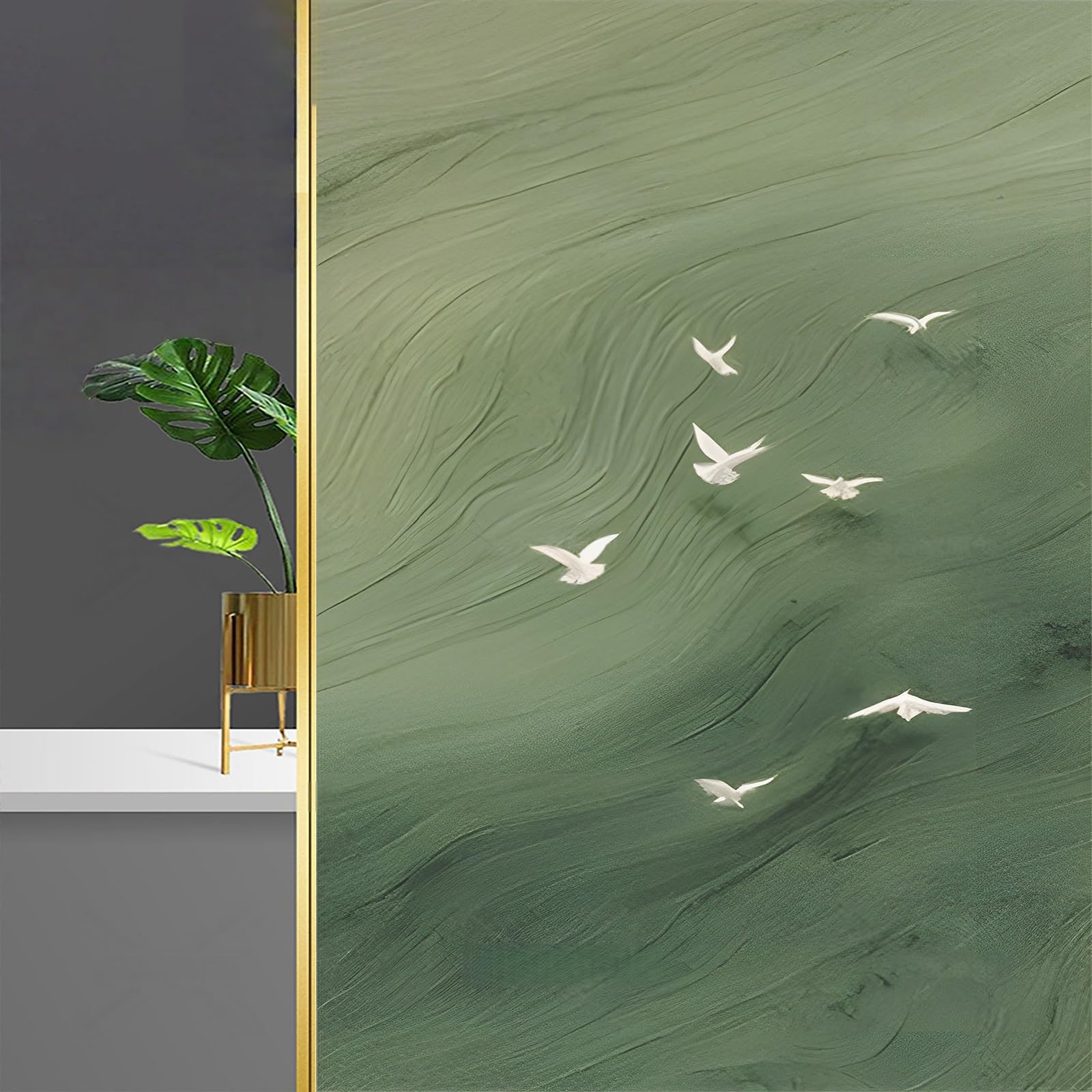 Frosted Decorative Window Film PVC Green Waves & White Doves Window Privacy Film For Glass Windows Non-Adhesive Static Cling Glass Stickers For Bathroom Kitchen Office(50x100cm)