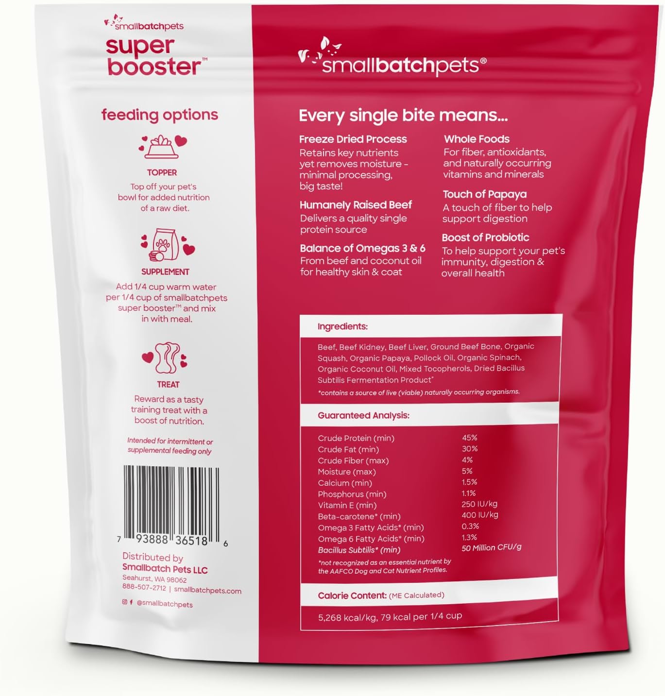 smallbatch Freeze Dried Dog Treats, Superfood Food Topper Beef Bites for Dogs & Cats, Probiotics, Organic Ingredients, High Protein, Grain Free Healthy Treat Food Topper, Made in the USA, 18 oz Bag