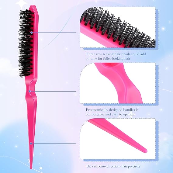 Yaomiao 6 Pcs Teasing Brush Set, 3 Row Nylon Rat Tail Combs for Fine Hair, Back Combing, Root Lifting, Scalp Massage, Hair Brushes for Women Salon Home Use(Black, Blue, Rose Red, Yellow)