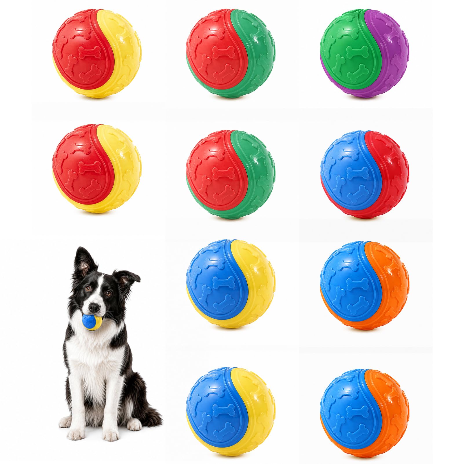 10 Pack Durable Dog Balls with Squeaker, Indestructible Chew Resistant Rubber Dog Toy for Interactive Fetch Training, Boredom Relief for Large & Medium Pets (Mixed Colour)