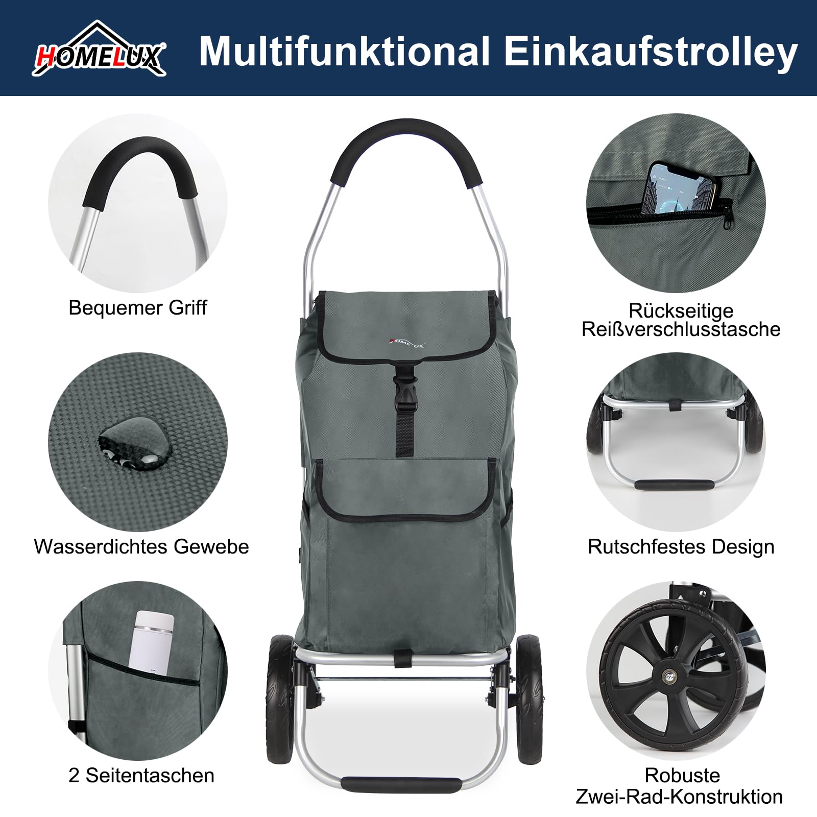 Einkaufstrolley, HOMELUX klappbar, Stabiler Einkaufswagen, große Kapazität 41 L, multifunktional, Handwagen mit Rollen, Abnehmbare Tasche, Grau 243