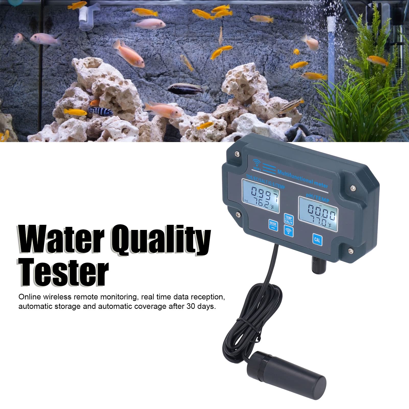 Haofy PH‑W3988 Probador de Calidad del Agua Multiparamétrico App Control Remoto PH EC TDS Salt S.G Medidor de Temperatura Monitor en Línea Control Remoto Probador de PH(EU)