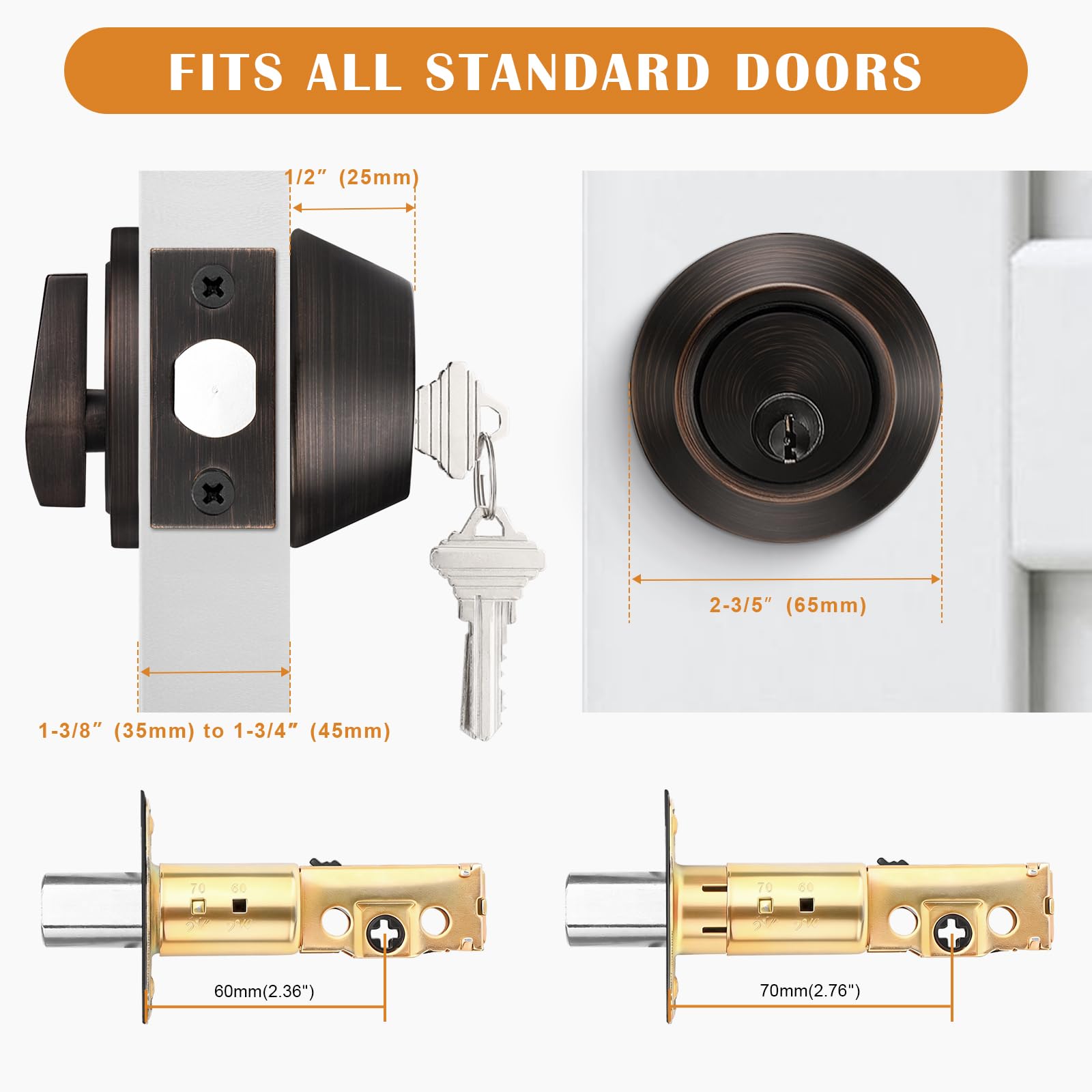 Probrico 2 Pack Keyed Alike Single Cylinder Deadbolts Oil Rubbed Bronze (Combo Packs), Deadbolt Door Locks with 3 Keys Anti-Theft Interior& Exterior Door Hardware (Entrance Lock and Front Door) - 5