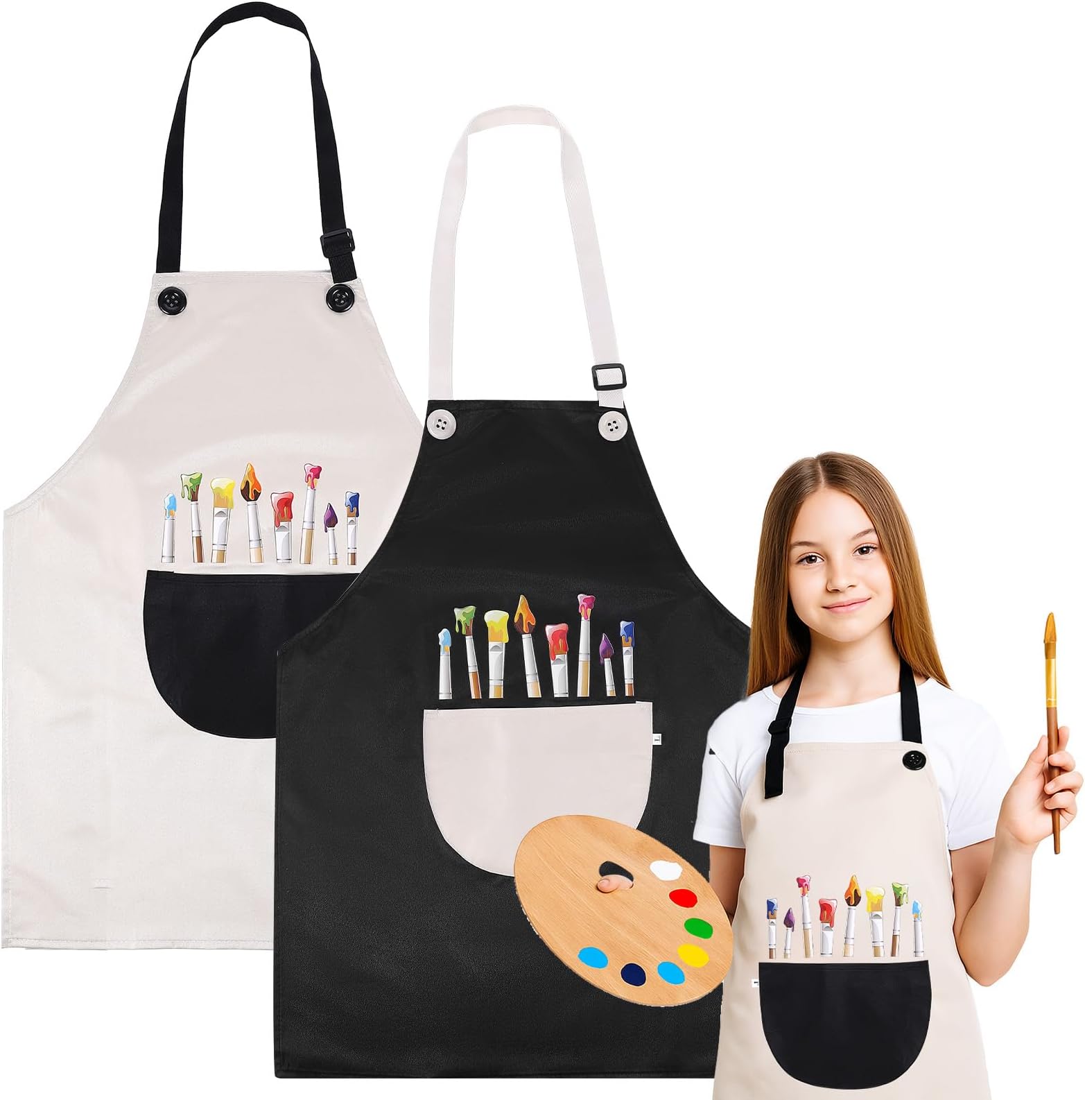 2 Pack Children's Apron Adjustable Art Apron with Front Pocket Girls Boys Aprons for Kids 6-8 Artist Painting Crafting Cooking Baking Art Gardening (Gray & Black)