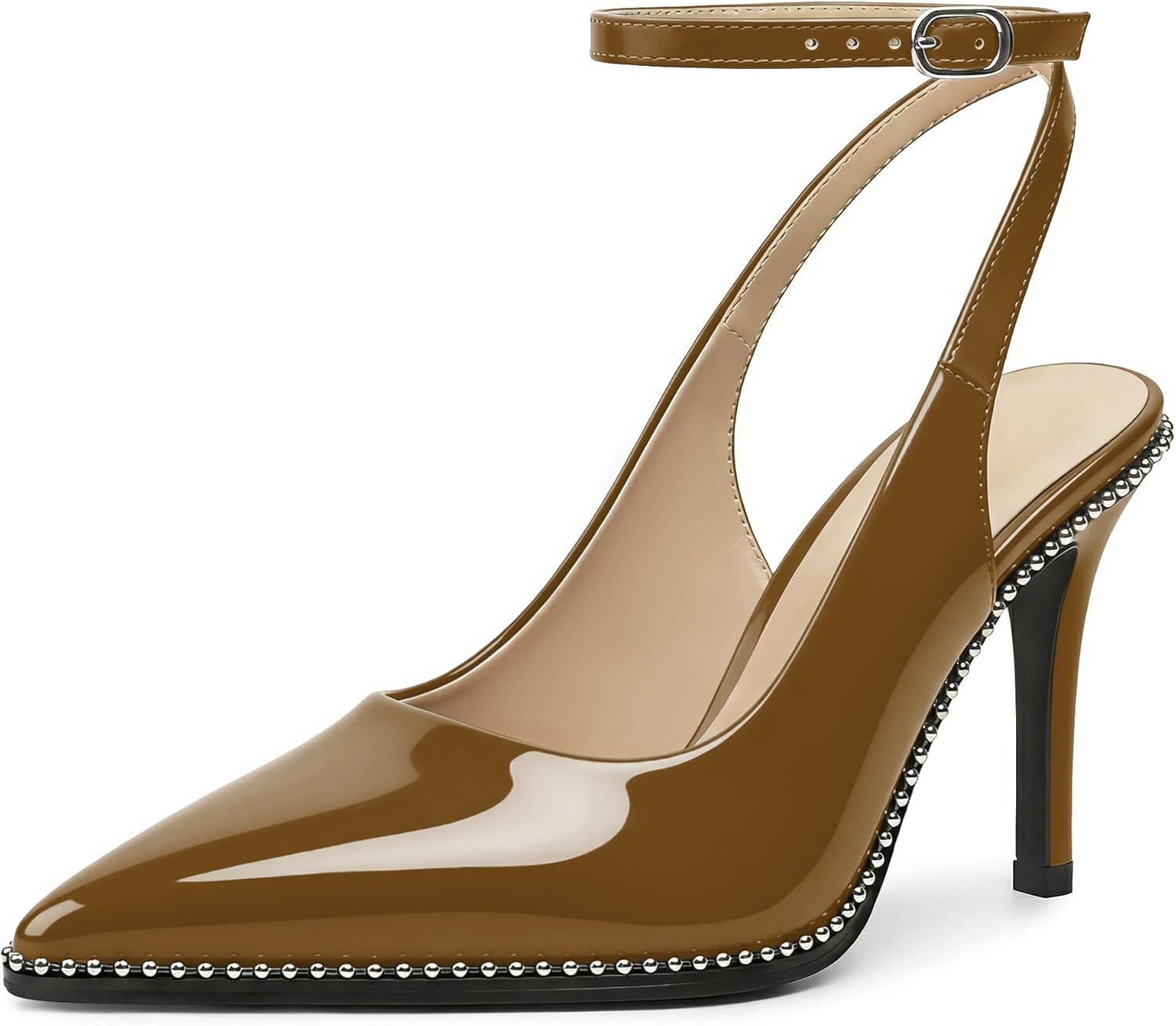 Soireelady Women's Slingback Heels Ankle Strap Pointed Toe Stilettos High Heel Beaded Pumps Dress Shoes 3.5 Inches