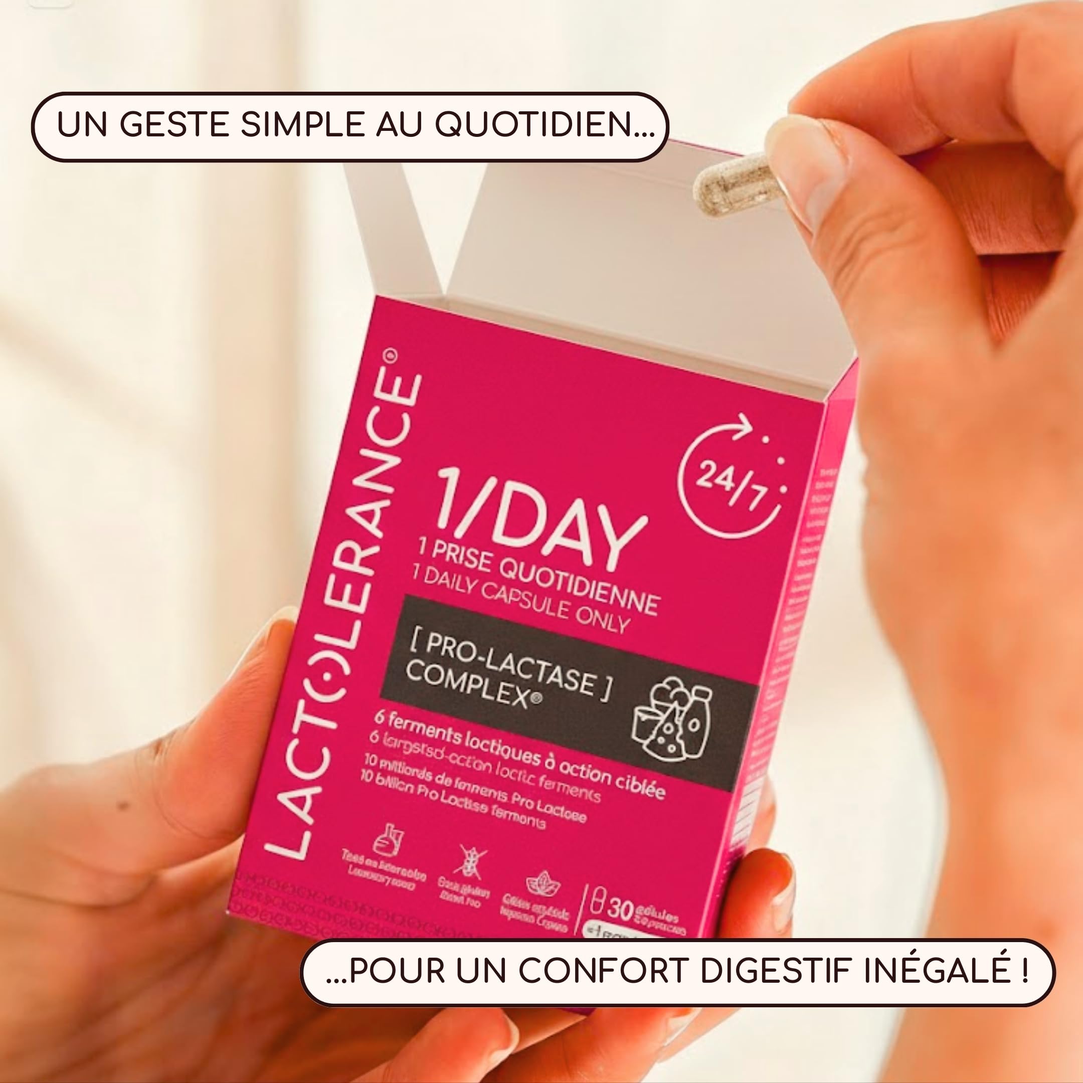 LACTOLERANCE 1/DAY I Précurseur de Lactase I Protection 24h/24-1 seule gélule par jour | Améliore la digestion du lactose | Tout niveau d'intolérance | 1 mois de traitement microbiotique