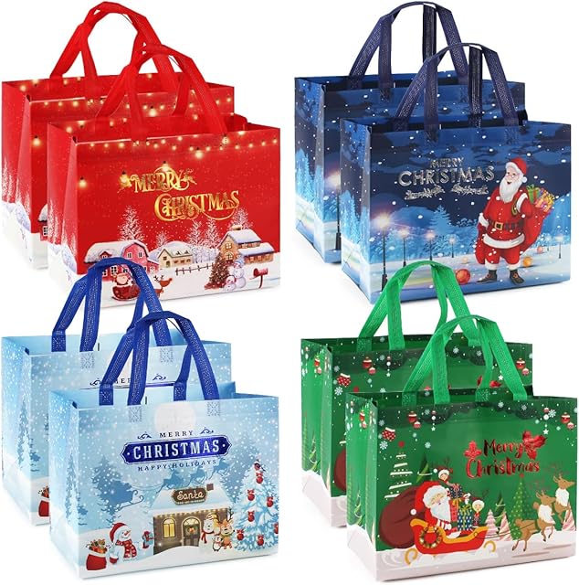 8PCS Christmas Gift Bags, Bronzing Printing Christmas Tote Bags with Handles, Christmas Treat Bags, Multifunctional Non-Woven Christmas Bags for Gifts Wrapping Shopping, Xmas Party Supplies