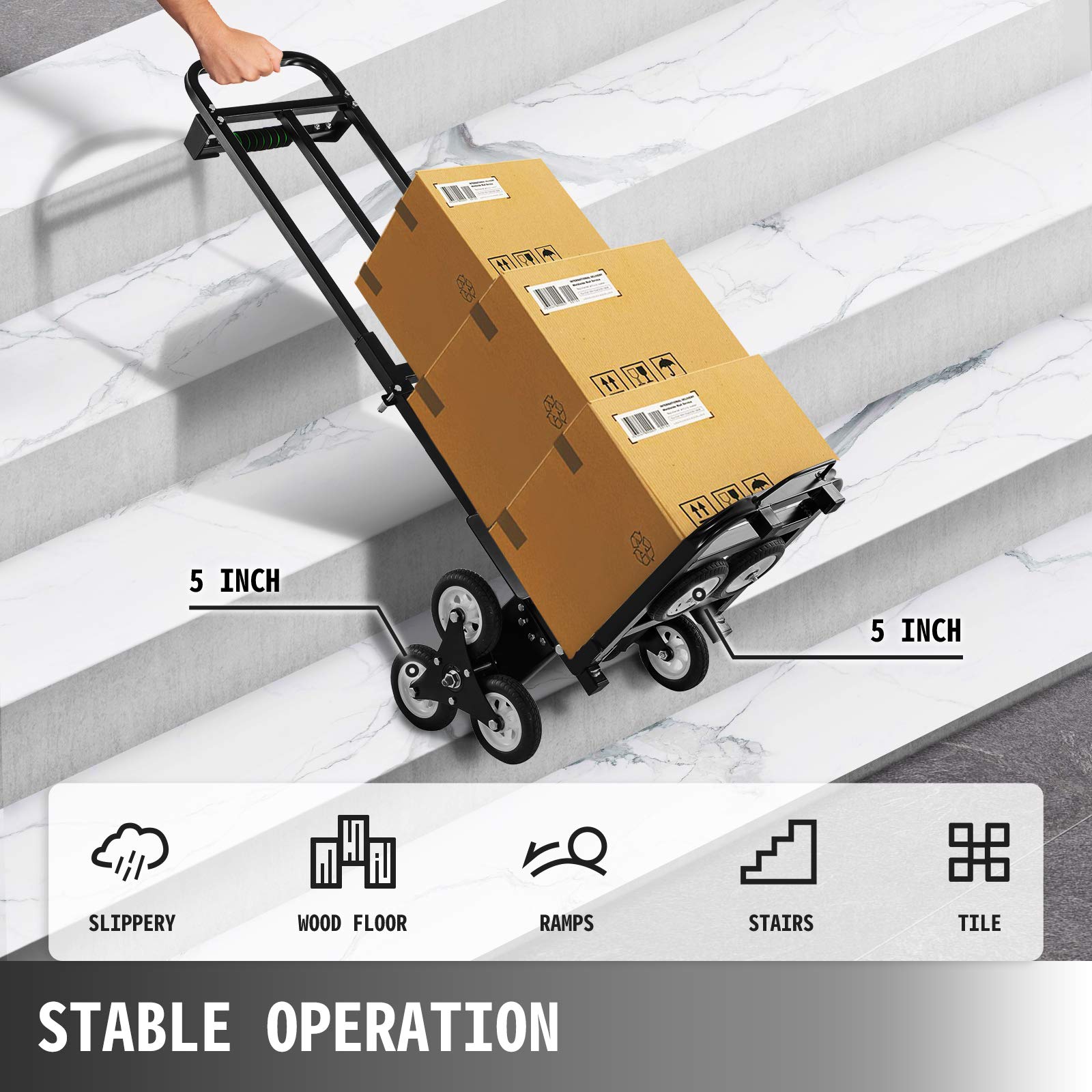 VEVOR Stair Climbing Cart 460lbs Capacity, Portable Folding Trolley with 5Inch and 1.5Inch Wheels, Stair Climber Hand Truck with Adjustable Handle, All Terrain Heavy Duty Dolly Cart for Stairs