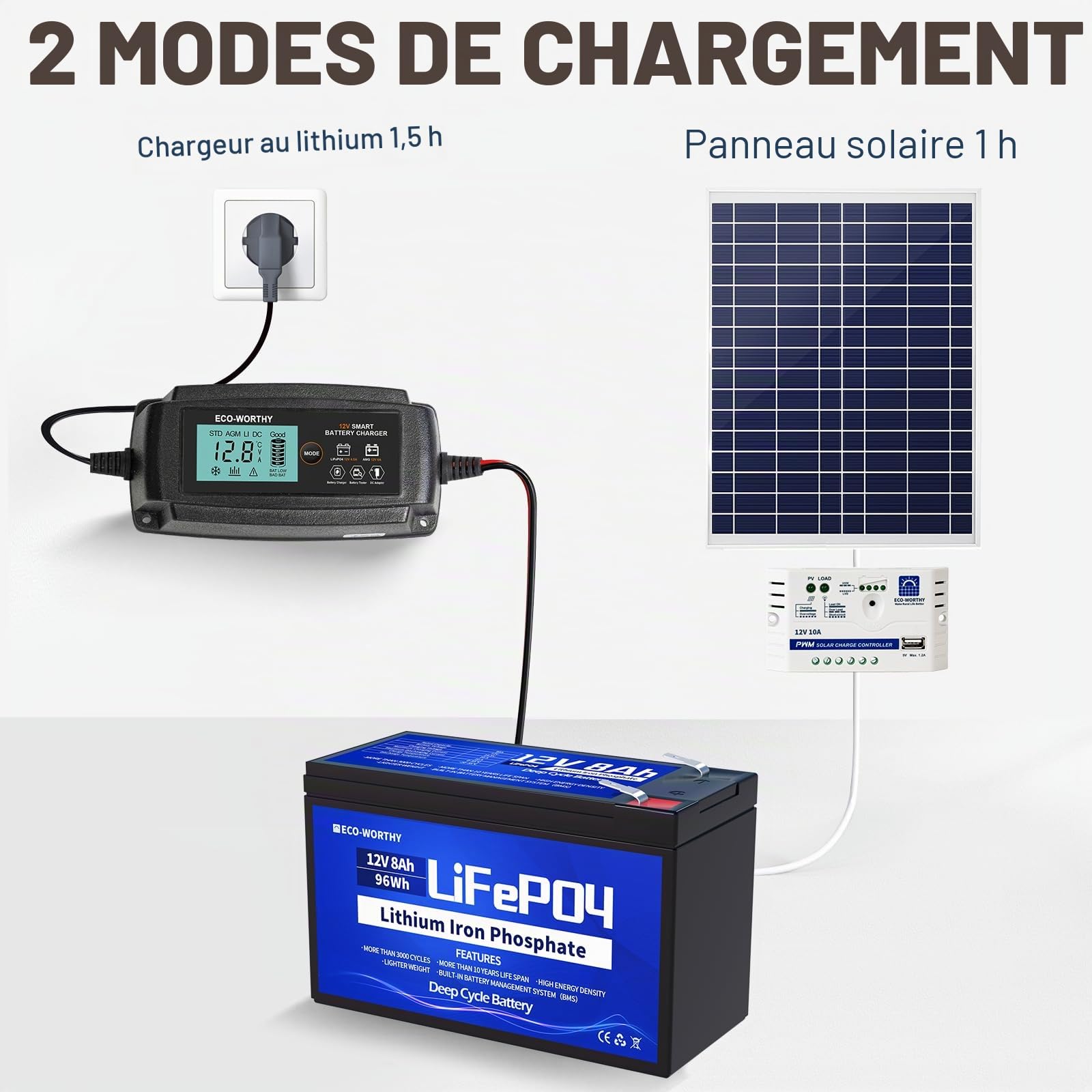 ECO-WORTHY 8AH 12V Batterie au Lithium Rechargeable, Cycle Profonde 3000 Fois, Stock d'Energie Solaire, Eolienne