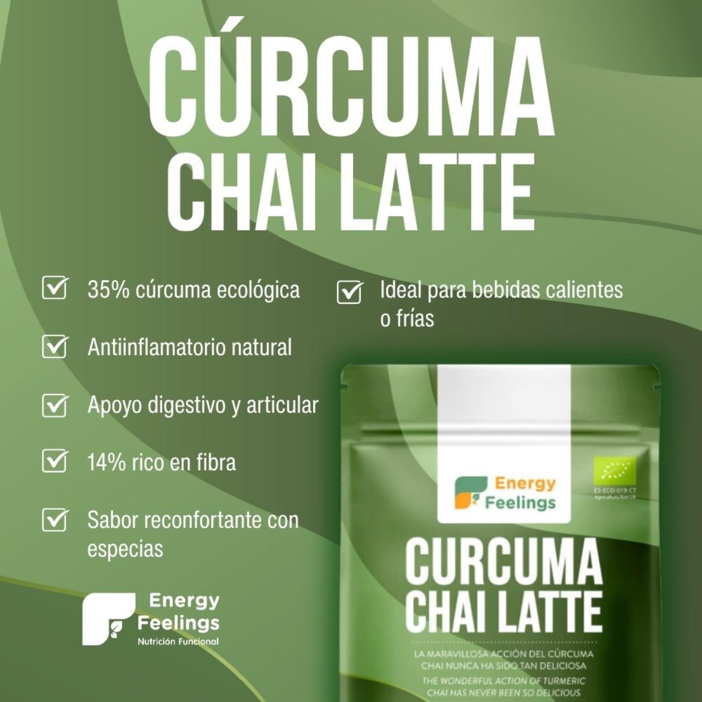 Energy Feelings Cúrcuma Chai Latte Ecológico 500 gr, Cúrcuma en Polvo con Jengibre y Pimienta, Apto para Veganos, Sin Lactosa, Sin Gluten