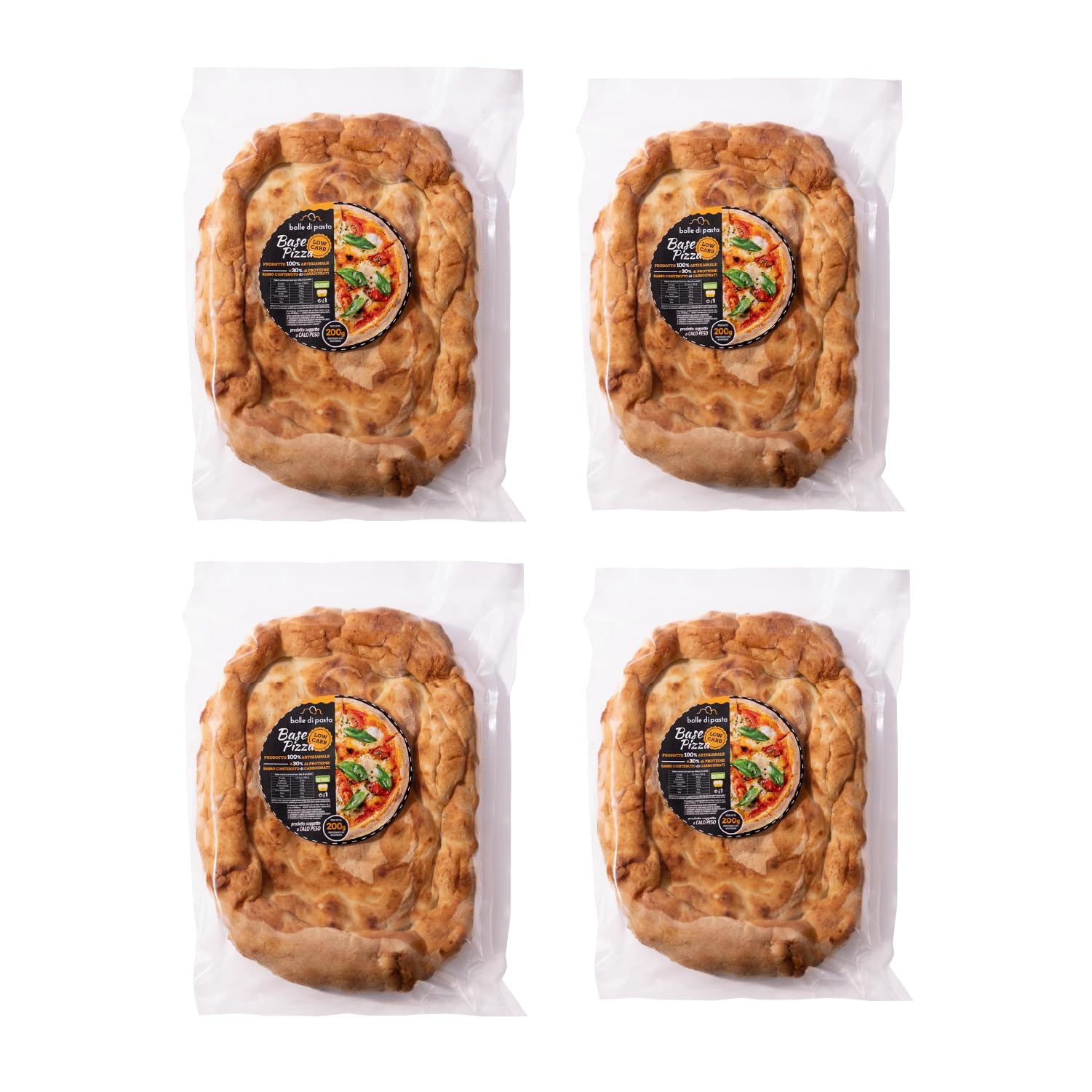 Bolle Di Pasta® Base Pizza Low Carb-Keto – 100% Artigianale, +30% Proteine, Basso Contenuto di Carboidrati – Gustosa e Leggera – Protein-Pizza Proteica - 1 pezzo 200g (4 unità)