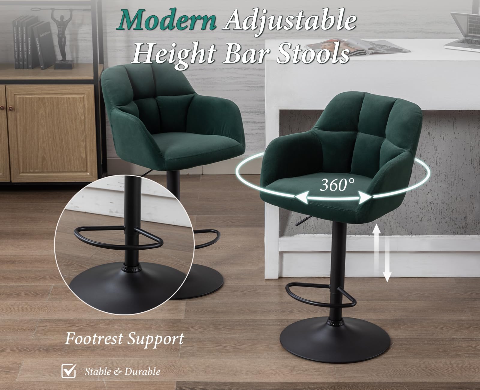 chairus Set van 2 barkrukken fluwelen draaibare keuken ontbijt krukken moderne verstelbare aanrecht krukken met arm (beige