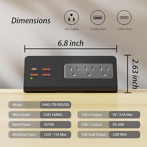 Miniatura 6 de Regletas de alimentación mejoradas para montaje con abrazadera de borde de escritorio con puertos USB, puerto USB-C de carga rápida PD20 W y 3