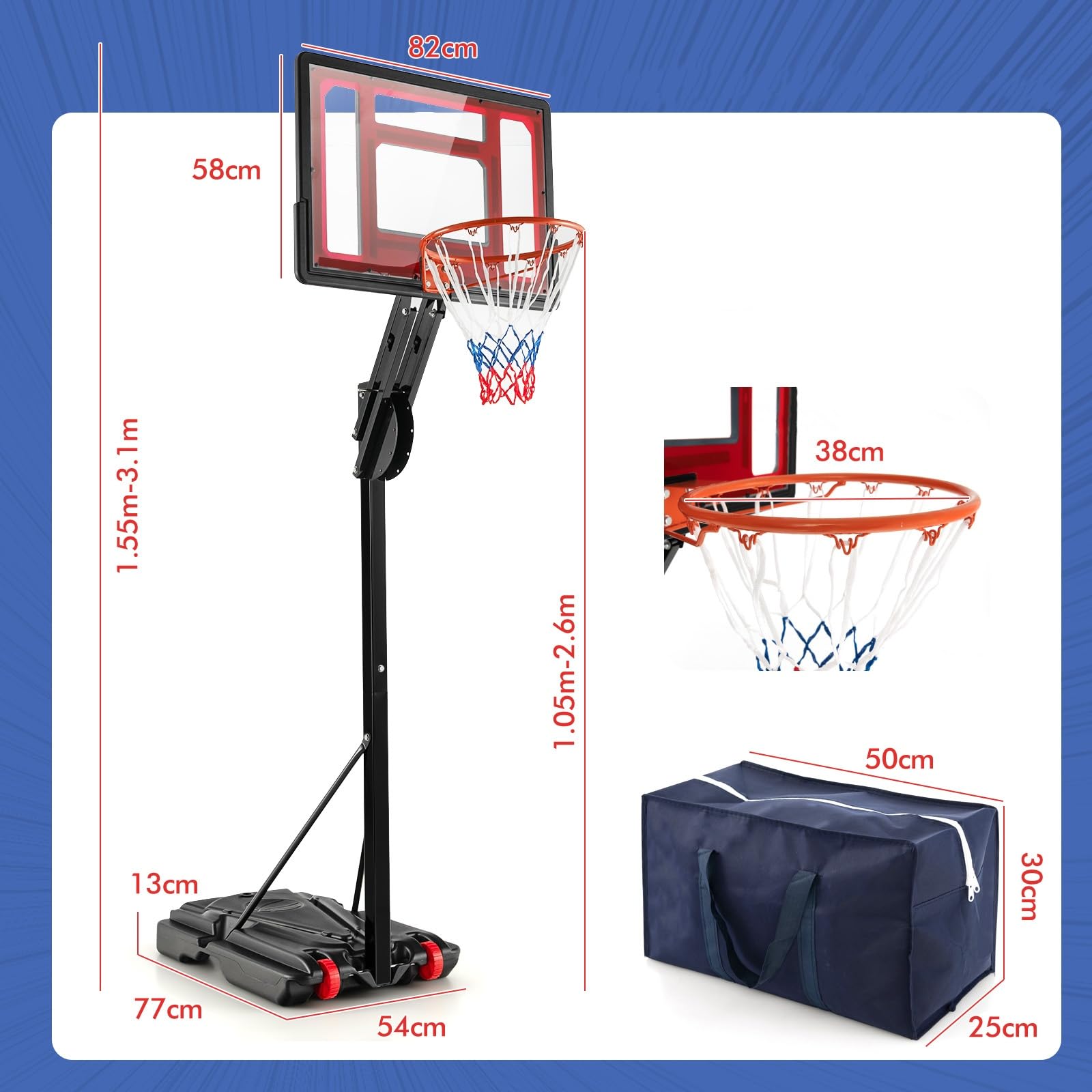 LIFEZEAL Panier de Basket-Ball Extérieur avec Hauteur Réglable 1,55 m-3,1 m, Panneau de Basket Mobile avec Roues et Sac de Rangement, Panier de Basket sur Pied Intérieur pour Enfants et Adultes
