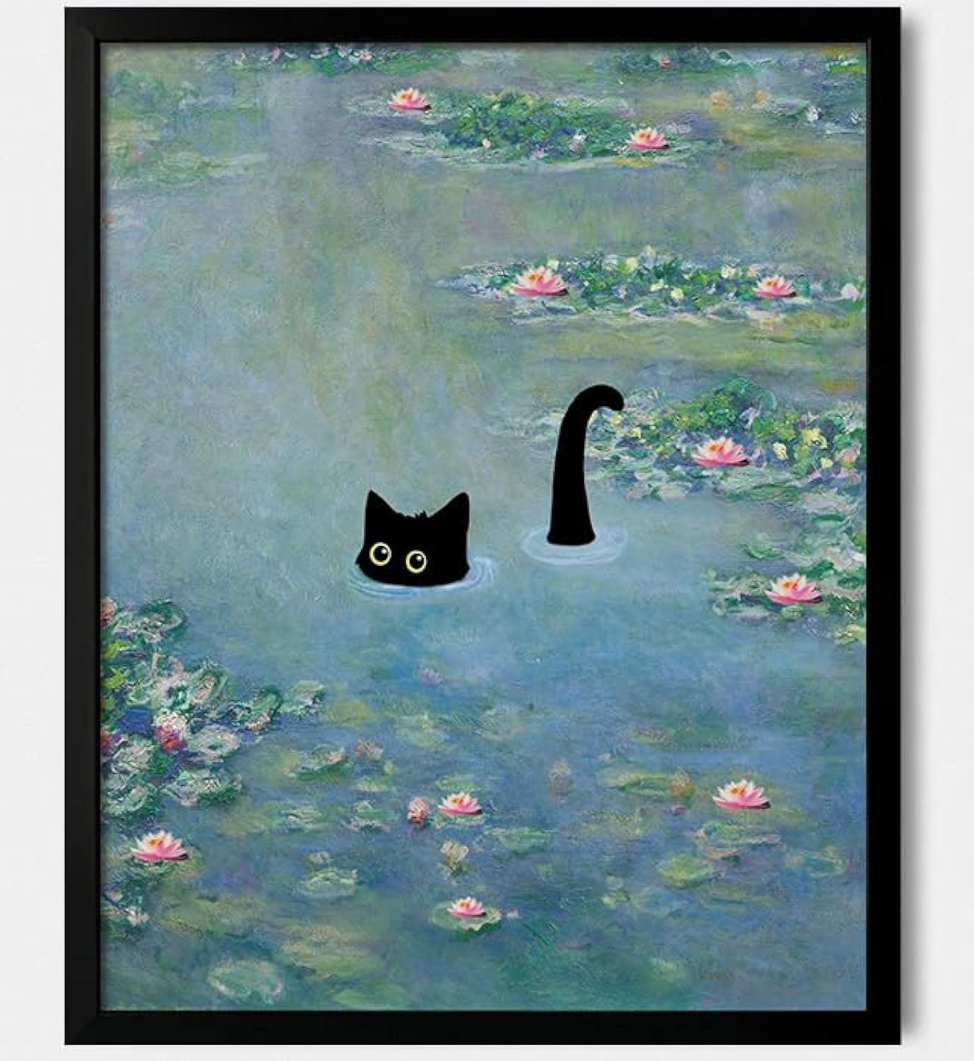 Hamduker Funny Black Cat Wall Art, Monet Art Water Lily Cat Wall Art Decor, Preppy Aesthetic Cat Posters for Bedroom Bathroom Living Room (Size: 11'' x 14''x1pcs)