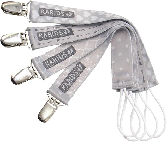 Dummy Clips Holder with Metal Clip - Strong and Durable Suspender Clasp with Gray Patterns on Strap for Boys - Holds Infant and Toddler Teething Stuff, Binky, Soothing Plush Toys or Bibs | 4 Pack