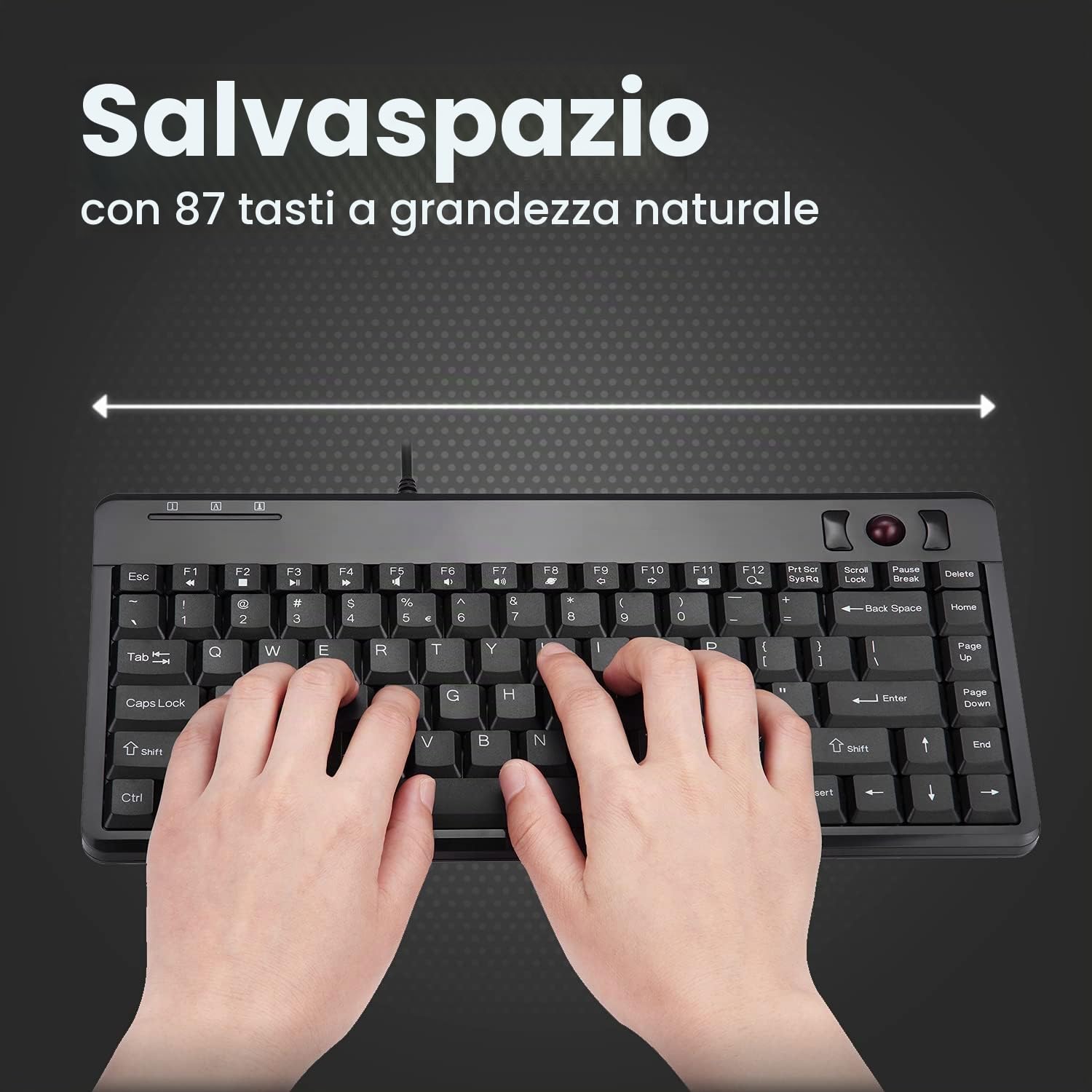Perixx PERIBOARD-505H PLUS, Tastiera con trackball - USB - con cavo - con 2 porte USB Hub - 315x147x2 - Fit with Professional or Industrial Use - US English Layout