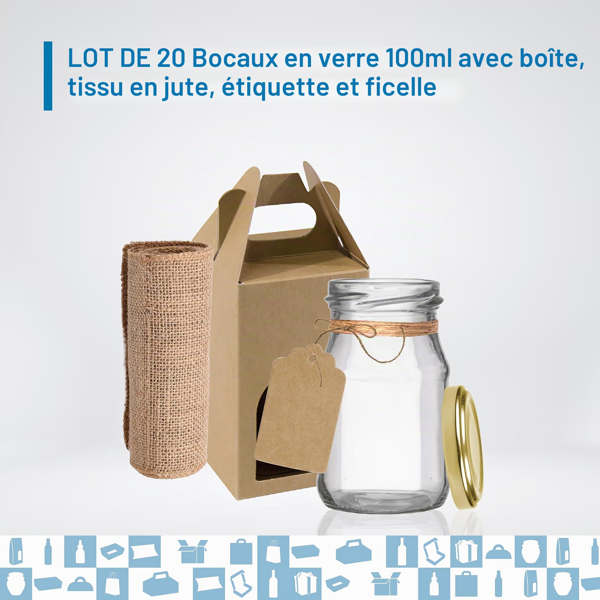 Espirito Rebelde 20 Pots de Conservation en Verre 100 ml avec Courvecle + Boîtes + Étiquettes Kraft + Tissu + Ficelle | Bocaux Alimentaire, Bocaux Sauce Tomate, Bocaux à Confiture, Bocaux pour Miel