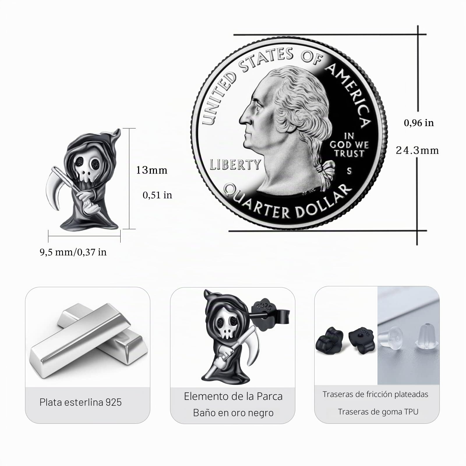Reaper Pendientes de plata de ley 925, pendientes de hombre de parca negros, pequeños aretes de esqueleto, Halloween, parca, regalo para mujeres y hombres, Plata de ley
