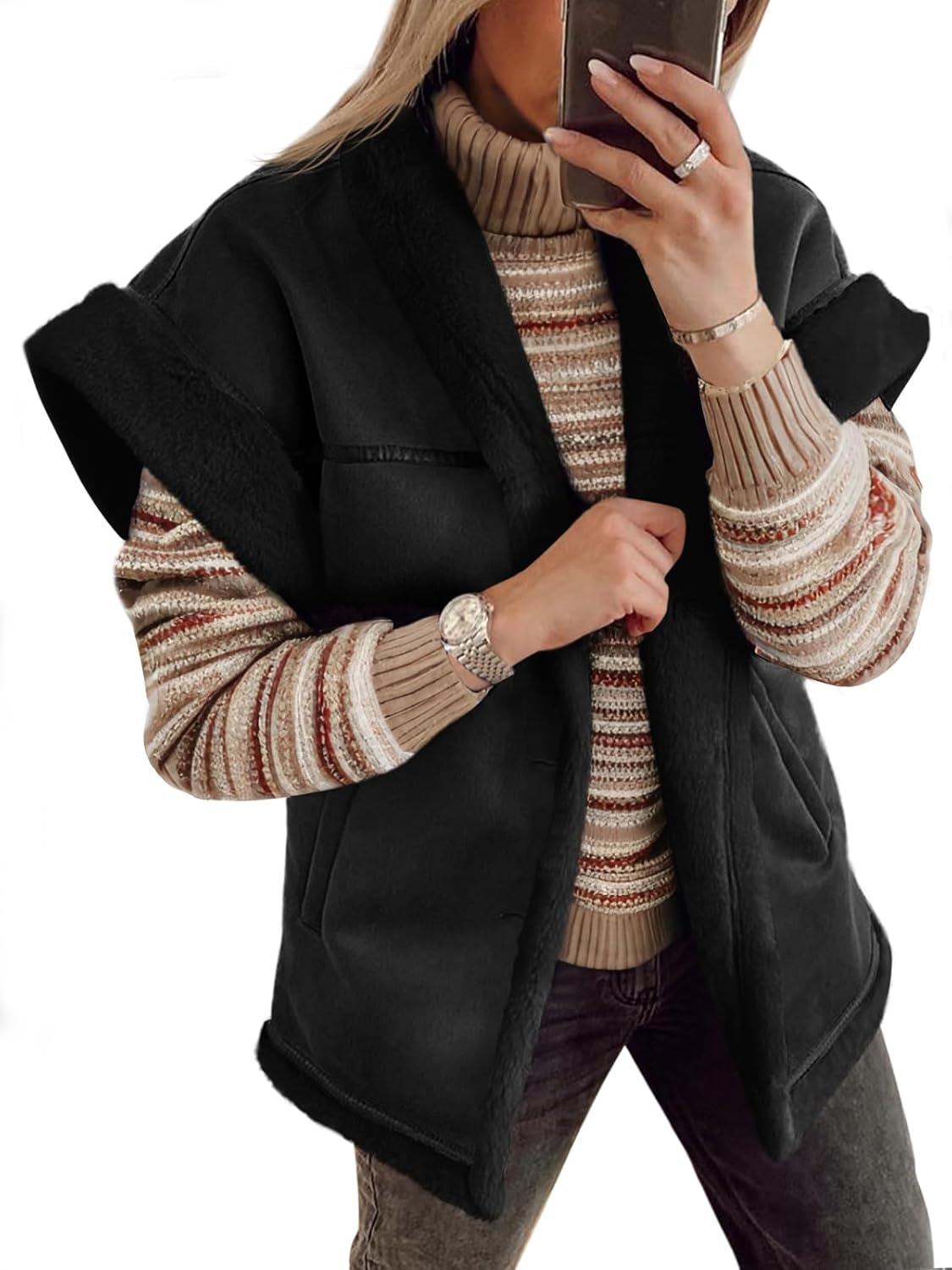 Cicy Bell Womens Suede Sherpa Vest Faux Fur Shearling Jacket Oversized Cap Sleeve Button Down Winter Coats