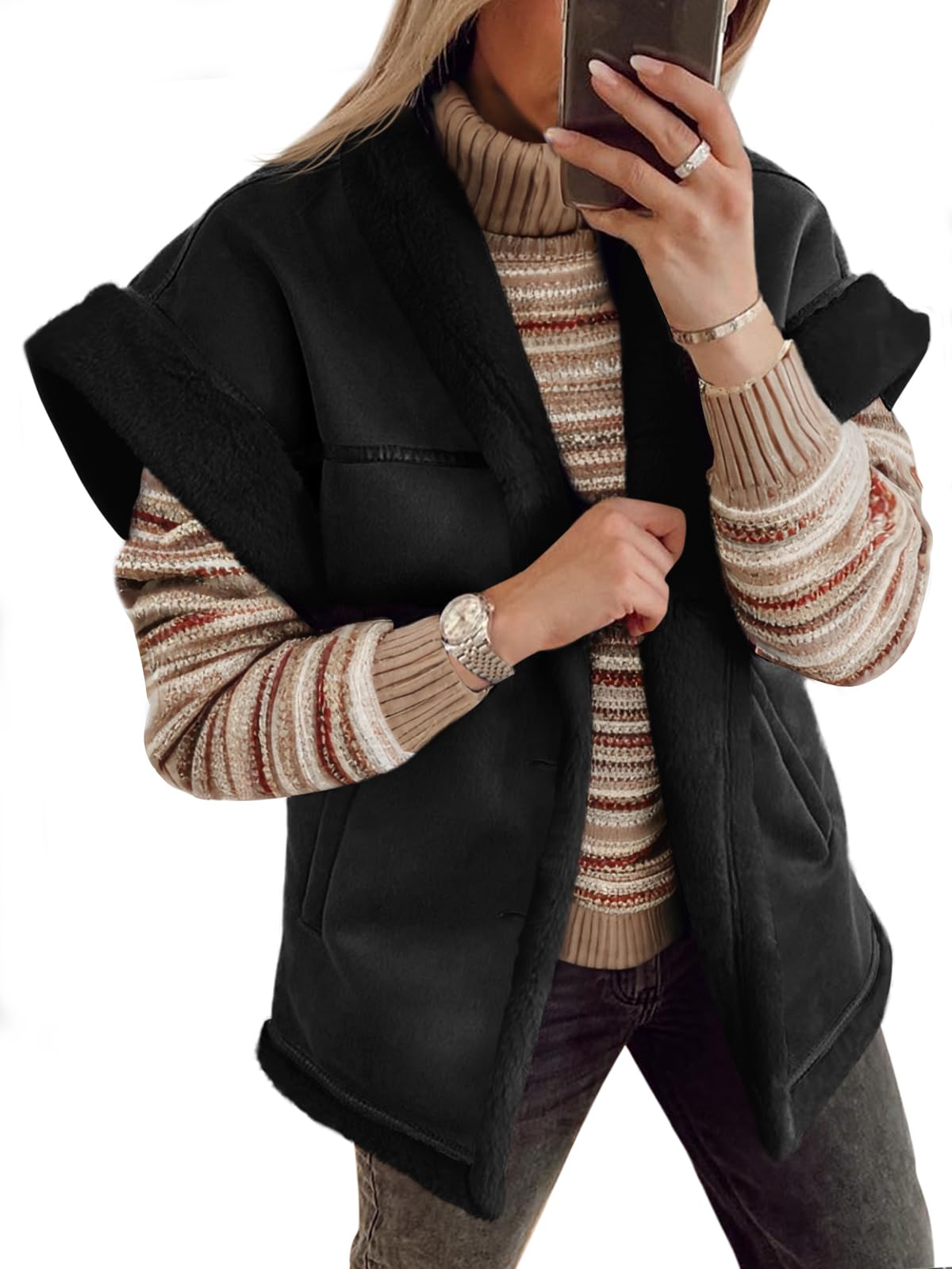 Cicy Bell Womens Suede Sherpa Vest Faux Fur Coat Cap Sleeve Button Down Winter Shearling Jacket Black S