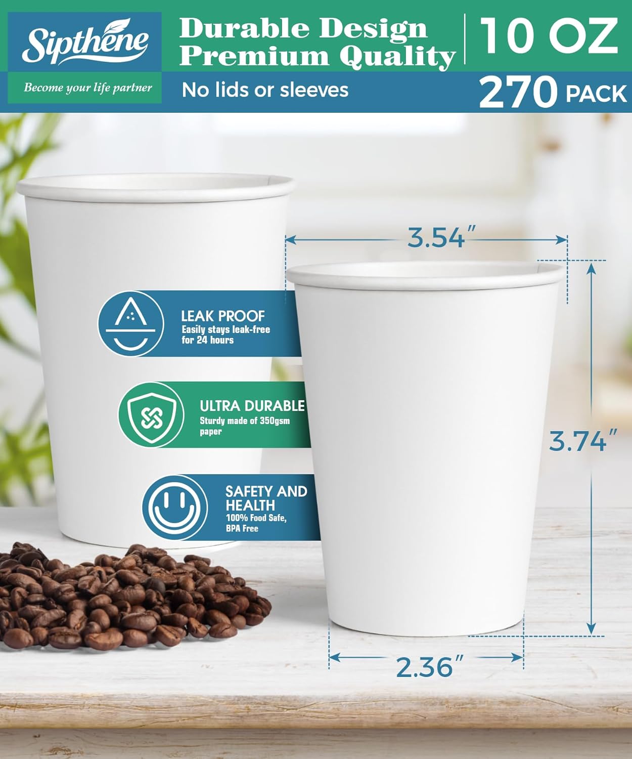 270 Pack 10 oz Disposable Paper Coffee Cups, White Paper Cups for Coffee and Water, Hot Drinking Cups for Party, Home, and Office - Image 2