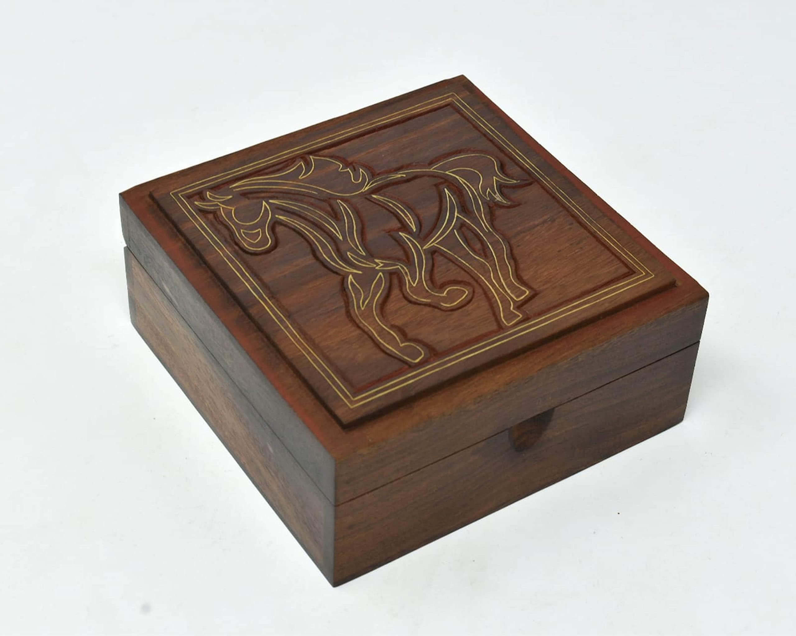 Wooden Box Keepsake Storage Multi Utility Hand Carved| Multipurpose Box| Jewelry Box (Horse 5x5 inch)