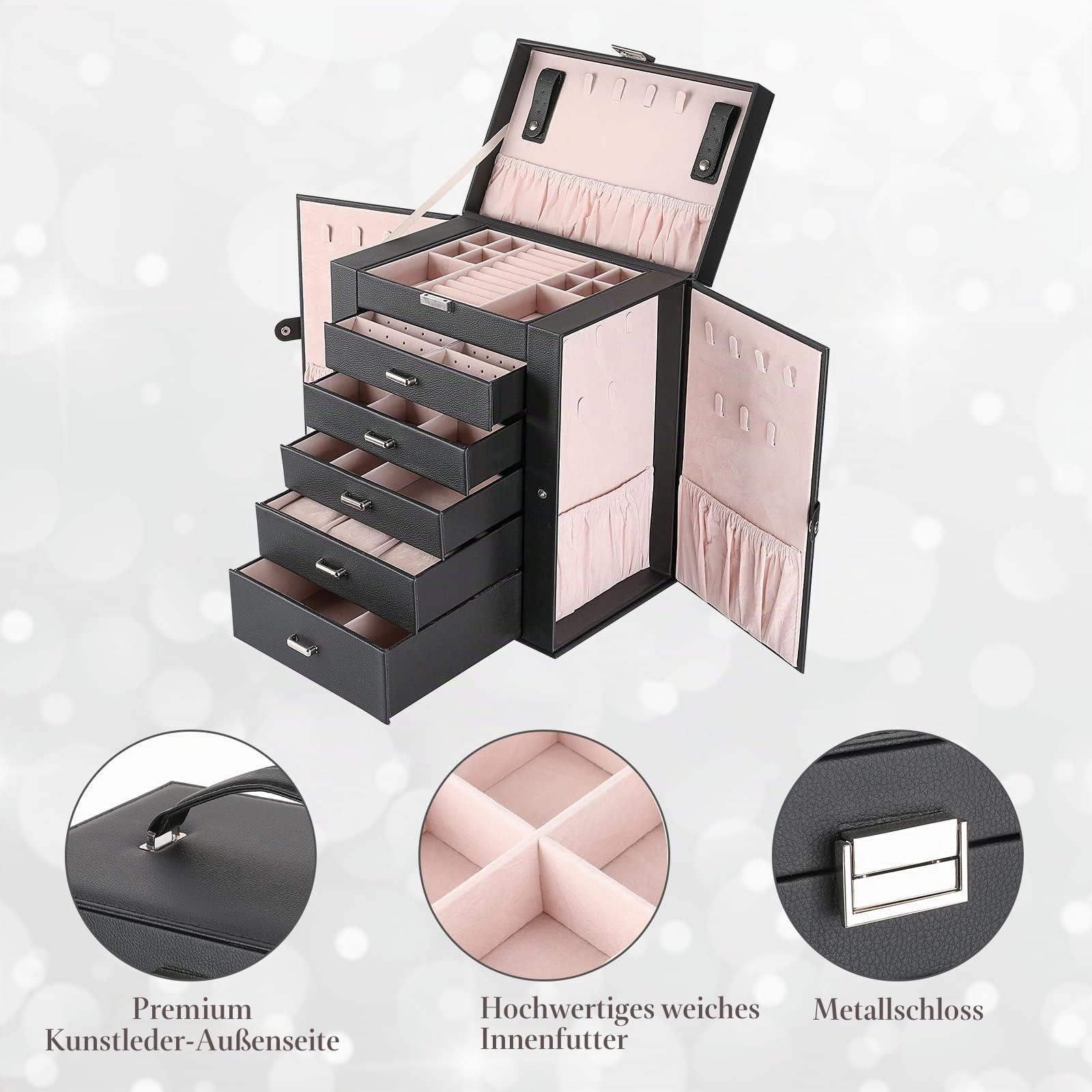ProCase Große Schmuckkästchen, 6 Schichten Schmuckbox Schmuckkasten Schmuckschatulle, Schmuck Aufbewahrung Box mit Ohrringhalter Schubladen und Uhrenkissen, Jewelry Organizer Box -Schwarz