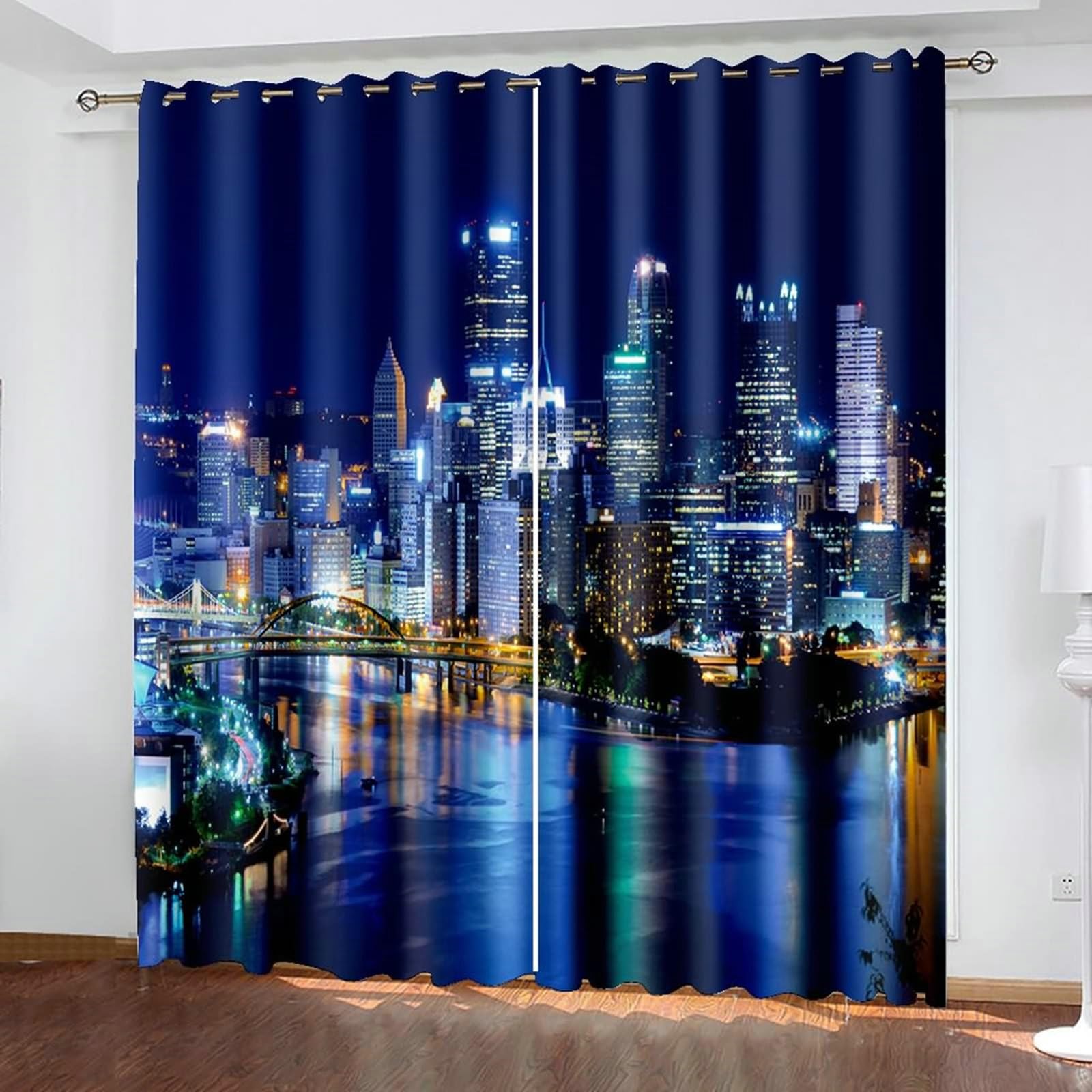 Zasłony nieprzejrzyste, do sypialni, zasłony termiczne, ciemnoniebieskie, nowoczesne, z widokiem na miasto, zestaw 2 sztuk, wys. 138 x szer. 96 cm, zasłony zaciemniające, przelotki