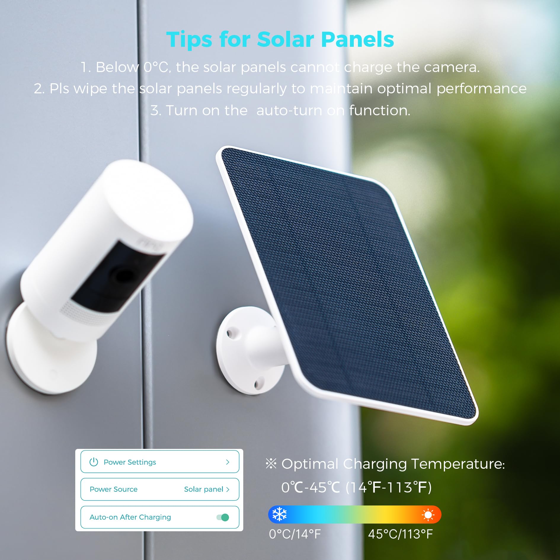 Vicohome - Panel solar de 5 W 5 V para cámaras de seguridad, tasa de conversión de energía del 23 %, cable de 9.8 pies, compatible con interfaz tipo C y micro USB, resistente a la intemperie, soporte
