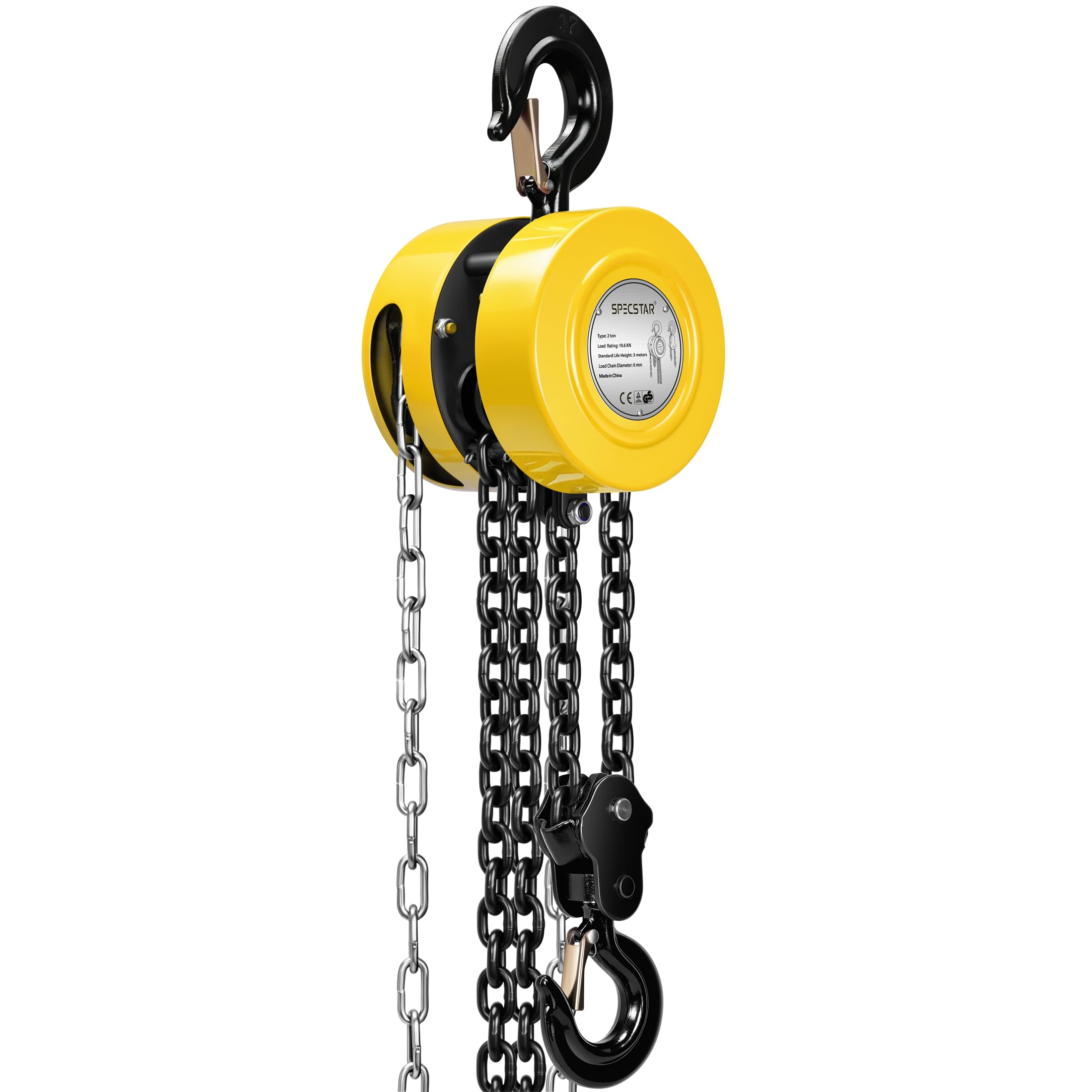 SPECSTAR Hand Chain Hoist with 2 Heavy Duty Hooks, Ręczny Wciągnik Łańcuchowy Udźwig 2000 kg z Hakiem Obrotowym 360° i Wysokością Podnoszenia 3 m