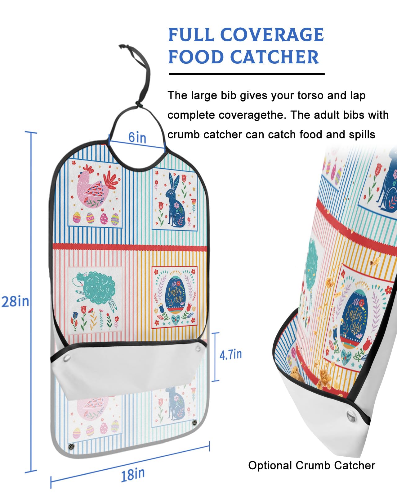 Spring Easter Adult Bibs for Eating, Waterproof Bibs with Food Catcher & Adjustable Snap Closure, Stripe Flower Rooster Bunny Sheep Eggs Splicing Clothing Protectors Adult Bibs for Elderly Women/Men