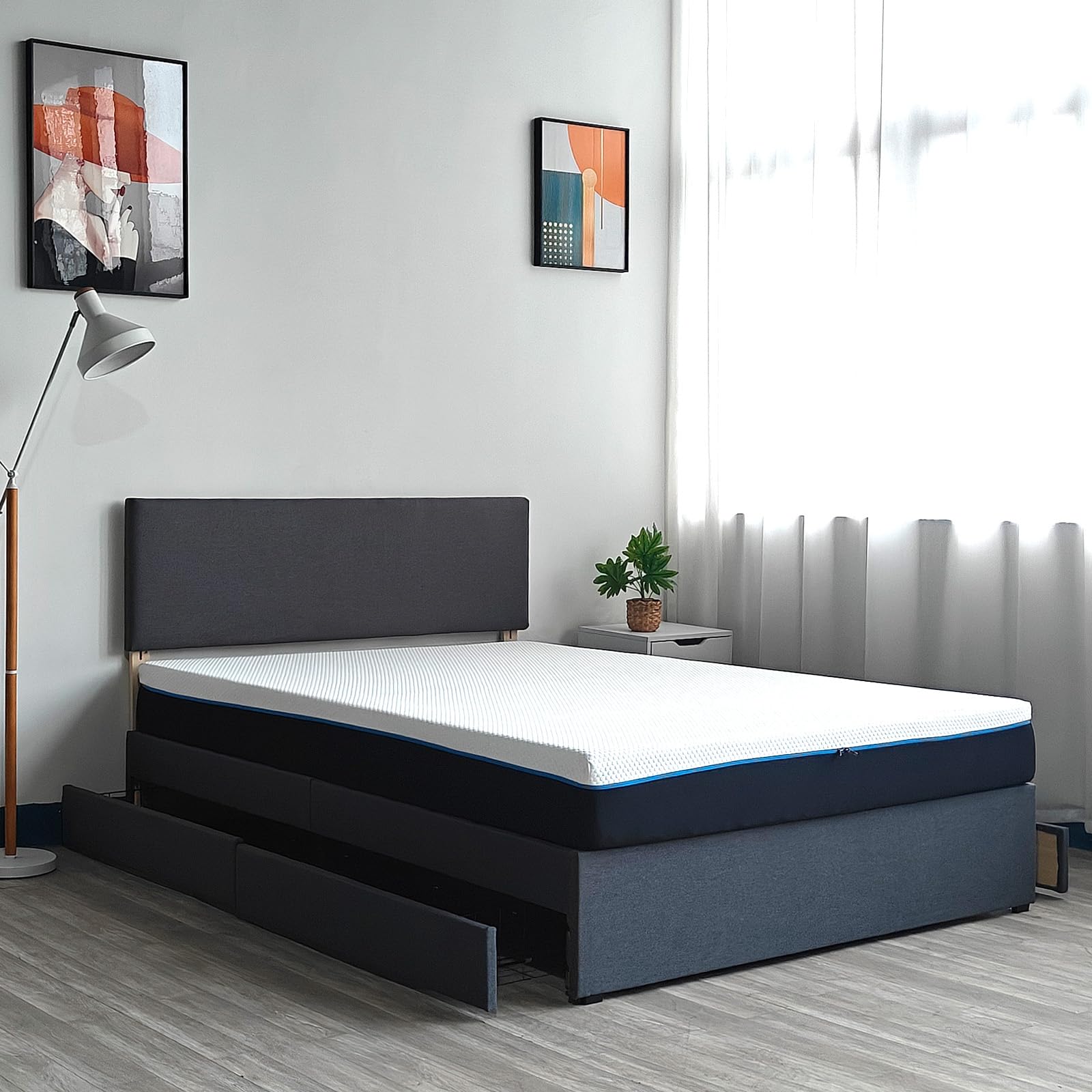 Panana Bed Frame with 4 Drawers Storage - 5FT King Stylish Grey Fabric with Height Adjustable Headboard, Strong Metal Slats for Modern Bedrooms