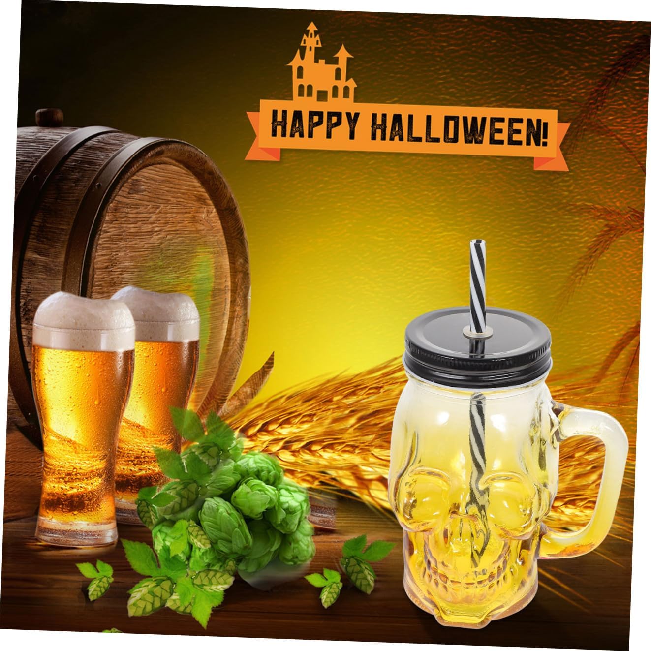 Alipis 2pcs Halloween Gradient Skull Beer Glasses with Handle 500ml Glass Drinkware Set for Party and Bar Use with Lid and Straw (colors May Vary) Random Color