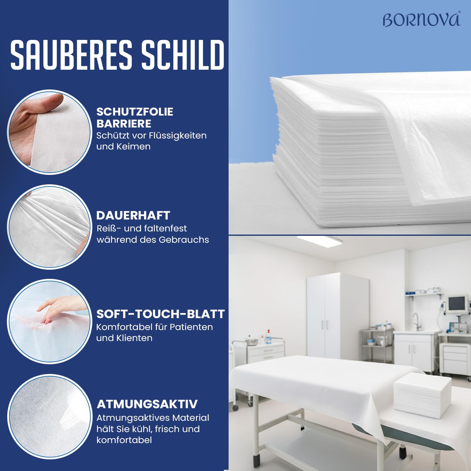 BORNOVA – 10er Pack Einweglaken 140x240 cm – Untersuchungslaken aus Vliesstoff – Medizinische Einweg Bettlaken für Massagetisch, Kosmetik & Wellness