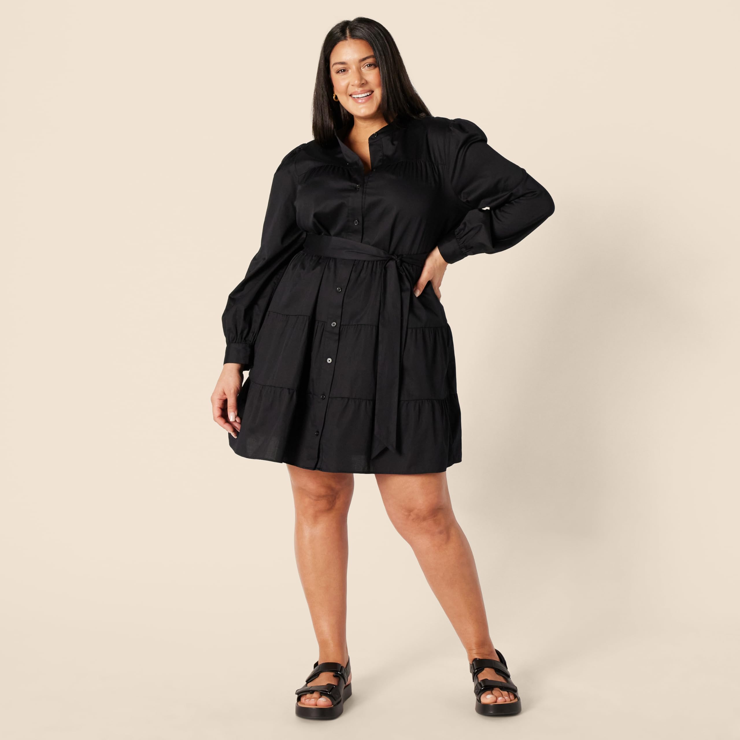Amazon Essentials Mujer Vestido Camisero Escalonado de Satén de Algodón de Corte Recto