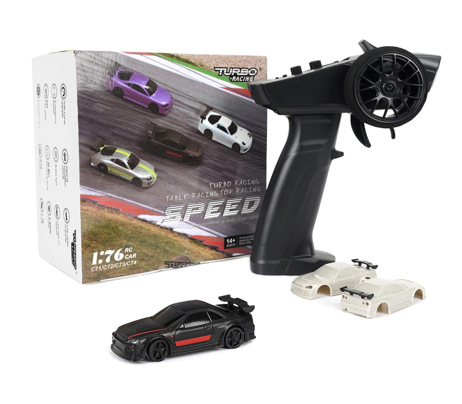 Turbo Racing 1:76 Scale RC Sport Car, Table Racing 2.4GHZ Remote Control Mini Model Car with Full Proportional RTR for Adults Toys (C74-Black)