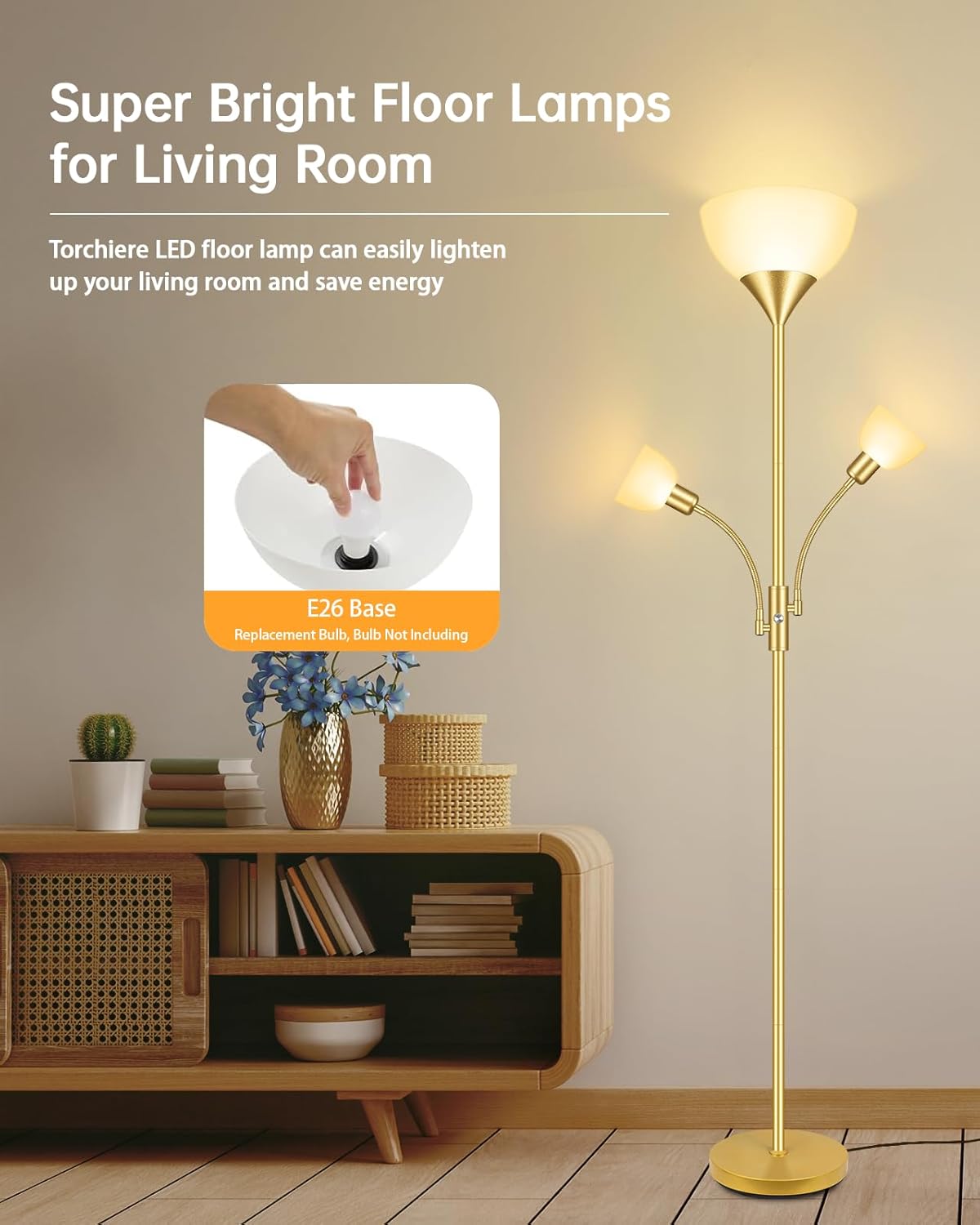 Floor Lamps for Living Room Gold, Standing Lamp, 71" Tall Lamp with 3 Lights, Modern Torchiere Tree Floor Lamp, Rotary Switch, Bright Corner Floor Lamp for Bedroom/Office/Den(E26 Base, No Bulb)