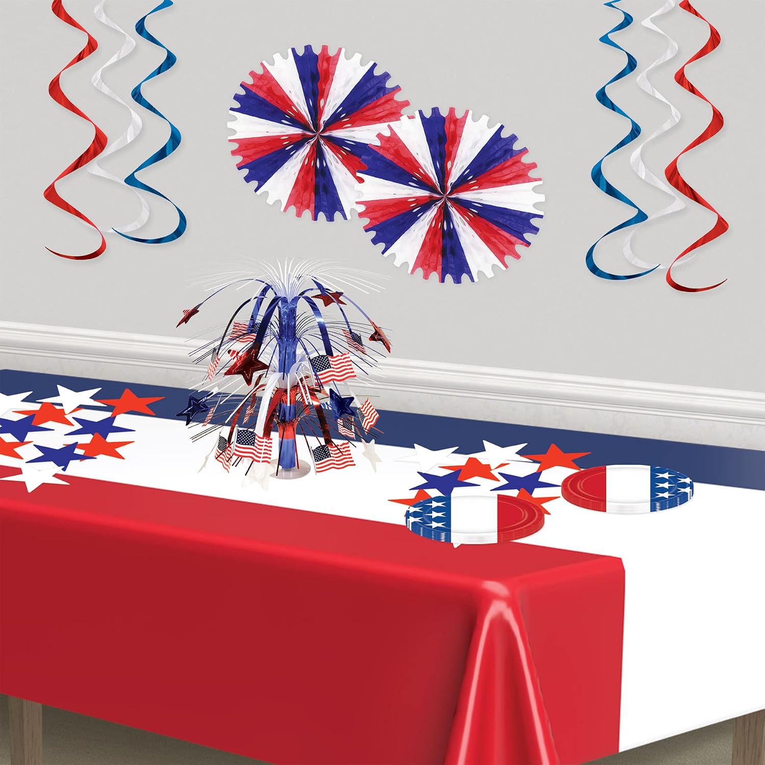Beistle Patriotic Flag Cascade Centerpiece, Red White and Blue Metallic Decoration with American Flags for 4th of July, Memorial and Veterans Day, and Patriotic Party Tables, 18”