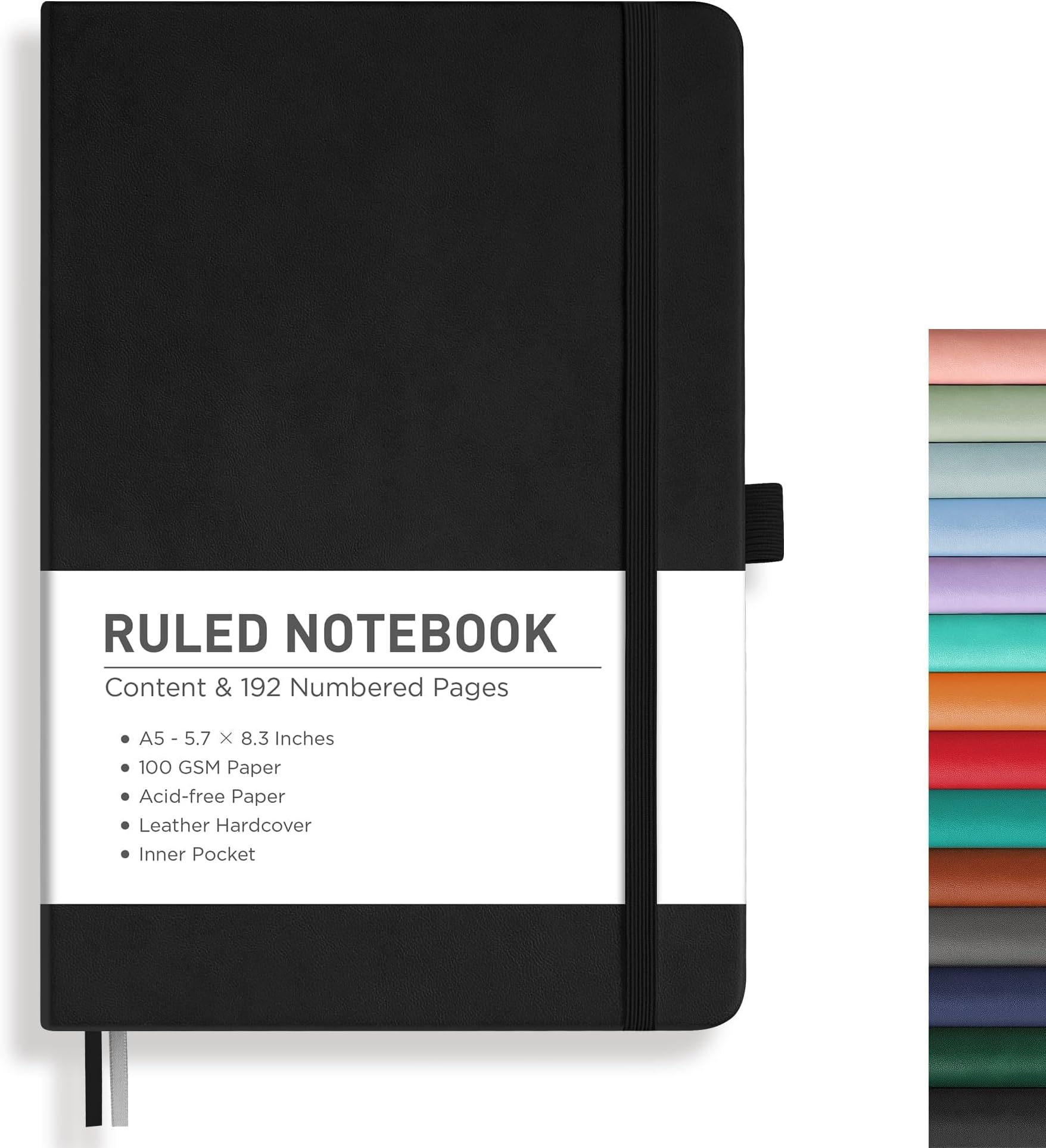 Lined Journal Notebook, 192 Numbered Pages, A5 Medium Size (5.7'' x 8.3''), for Men & Women, Journaling, Writing, Work & Office, Leather Hardcover, 100 GSM Thick Paper (Black)
