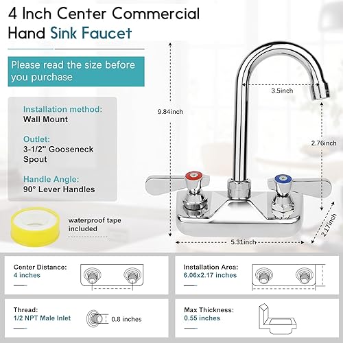 Miniatura 5 de Grifo de fregadero comercial central de 4 pulgadas, montaje en pared, grifo de fregadero de mano de cocina, entrada macho NPT de 12 pulgada,