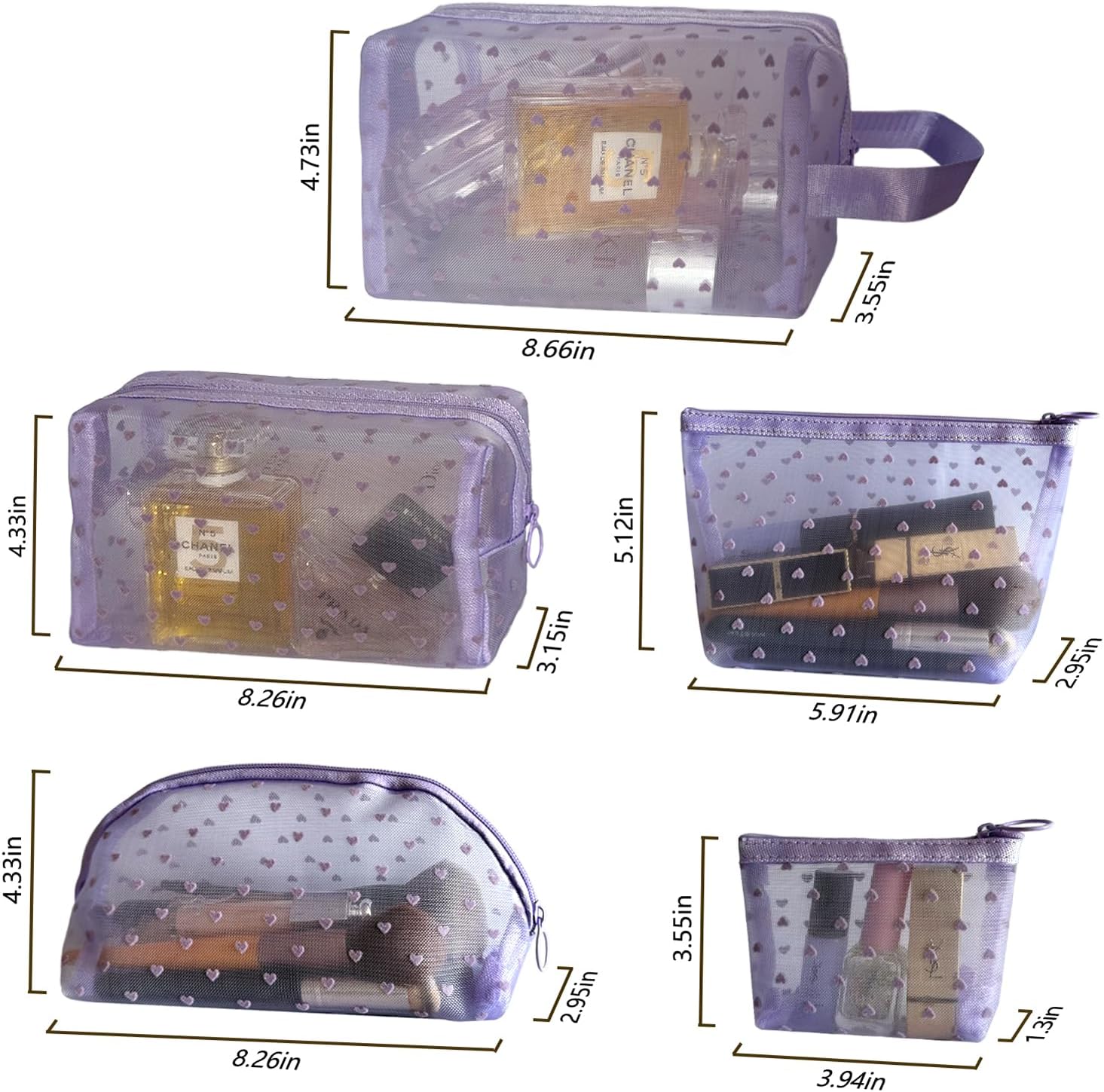 5-Piece Heart Printed Mesh Makeup Bag Set, Portable Travel Cosmetic Bags Toiletry Bags Purse Bags Makeup Bags Zipper Mesh Storage Pouches for Home Offices Travel Accessories (Purple) - Image 2