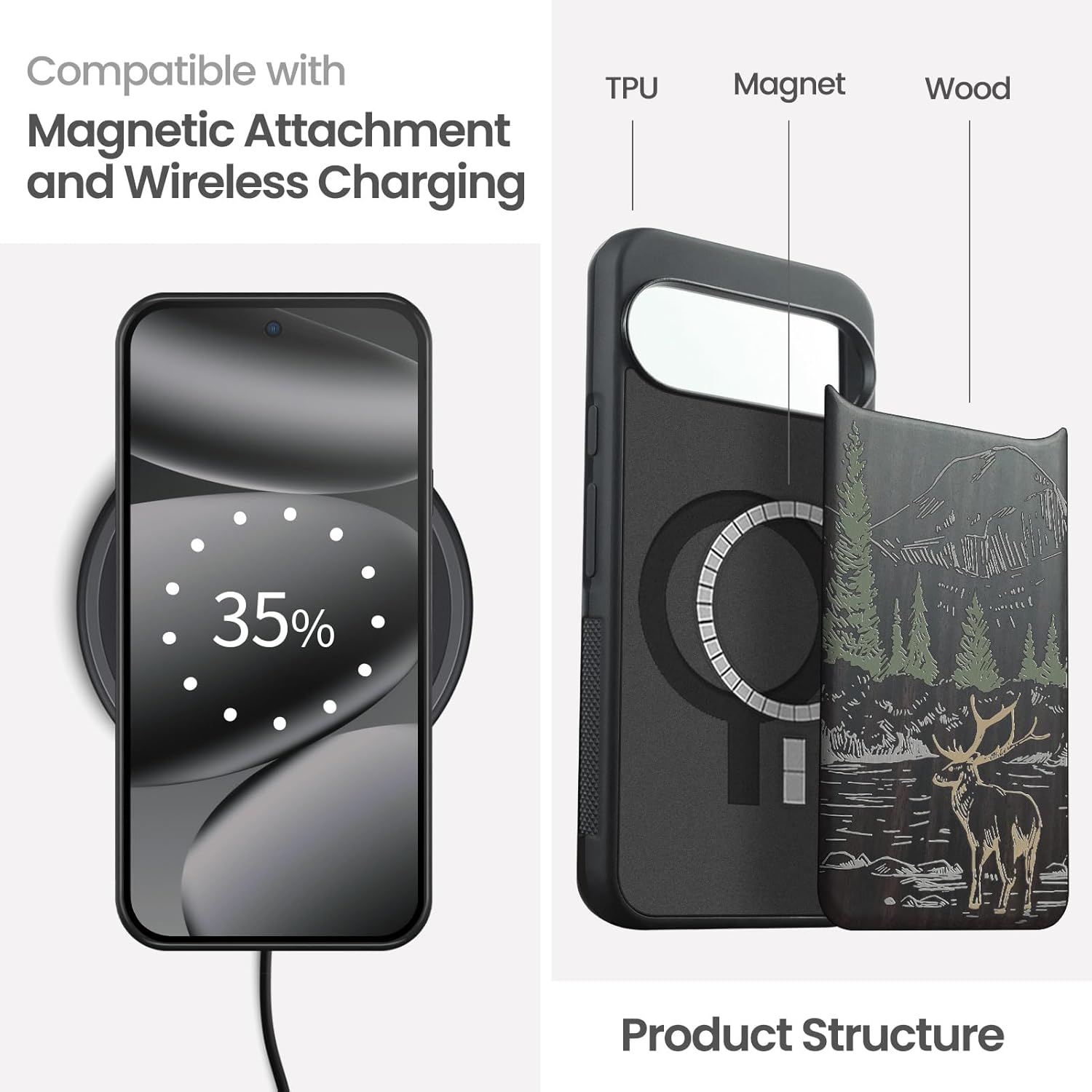 Magnetic for Google Pixel 10 Pro XL Case Compatible with MagSafe Wireless Charging, Natural Wood Cover & Art Painting, Shockproof TPU Phone Case, Hand-Drawn Pattern - Mountain Majesty
