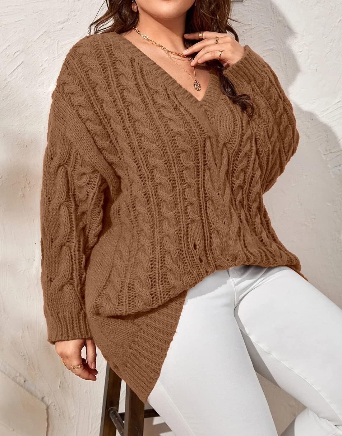 Dyexces Plus Size Sweaters for Women V Neck Long Sleeve Cable Knit Sweaters Casual Fall Sweaters Soft Jumper Tops - Image 3