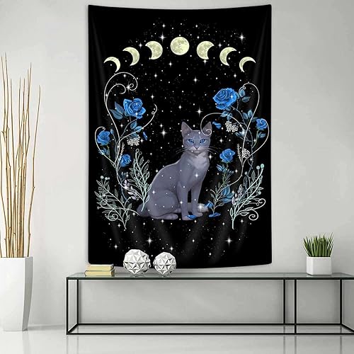 Miniatura 4 de MERCHR Tapiz vertical de fase lunar de gato brujo, tapiz estético de tarot de animales florales de rosa azul para colgar en la pared