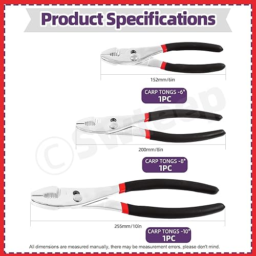 Miniatura 2 de Swpeet Juego de 3 alicates deslizantes de acero negro de 6 pulgadas, 8 pulgadas, 10 pulgadas, juego de alicates de agarre múltiple, junta deslizante