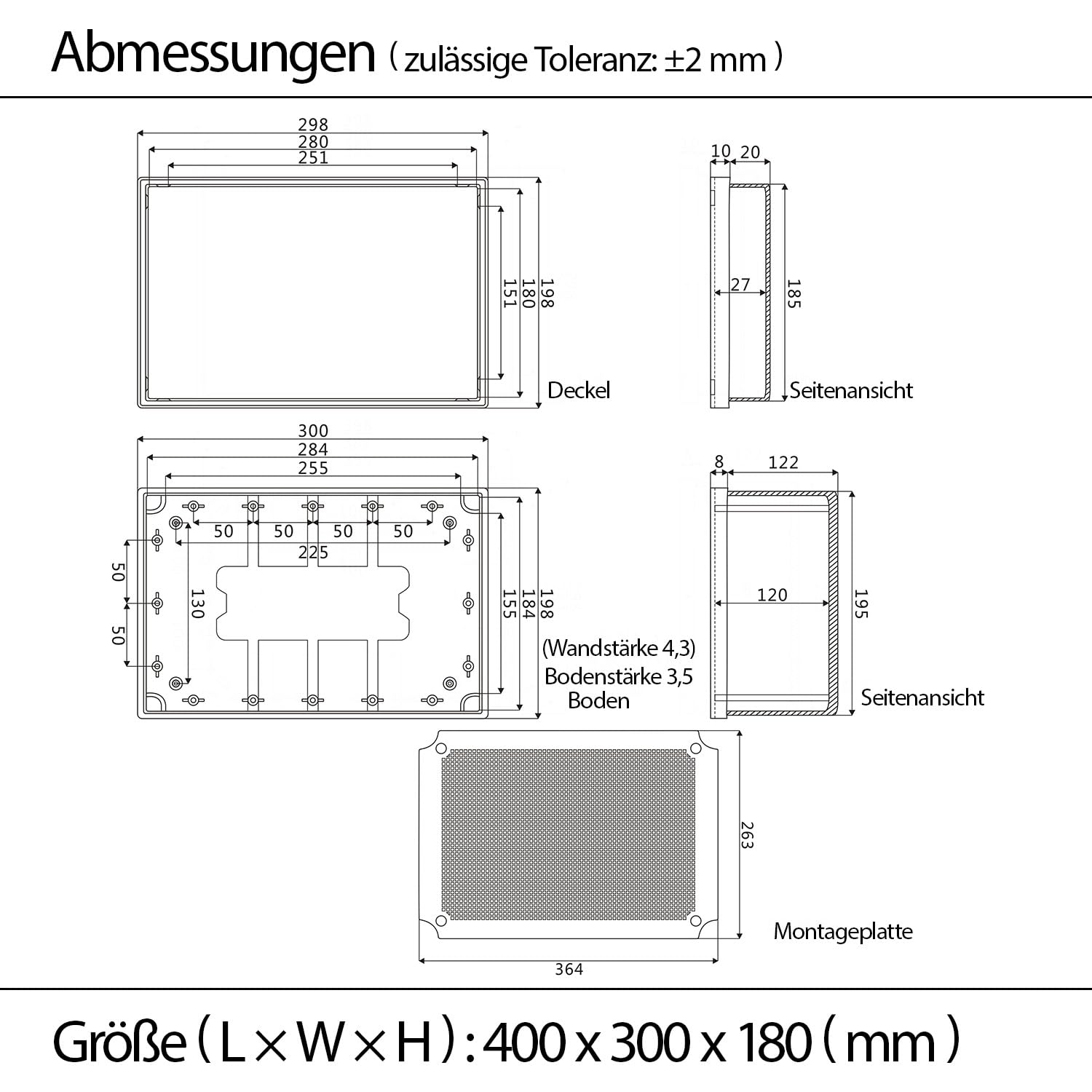 LeMotech Wasserdichte Verteilerkasten, IP65 Abzweigdose, ABS Kunststoff Gehäuse, mit Montageplatte, Wandhalterung, Scharnierdeckel und Wasserdichtem Anschluss, 400 × 300 × 180 mm, grauer Schaltkasten