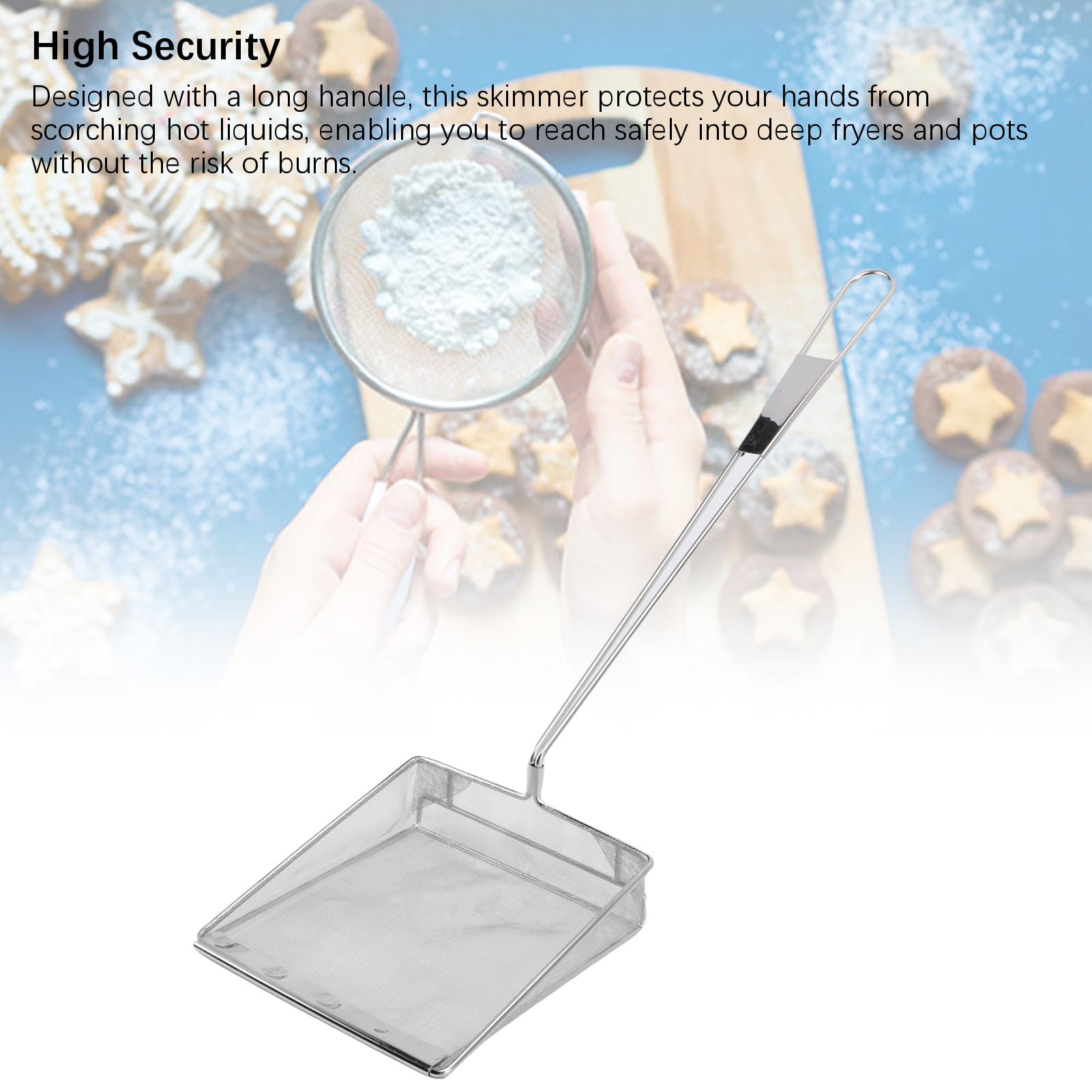 Asixxsix Skimmer per Olio Quadrato Grande in Acciaio Inossidabile a Maglia Fine, Cucchiaio per Colino per Alimenti con Manico Lungo 26,4x7,9 Pollici con Design a Maglia Fine