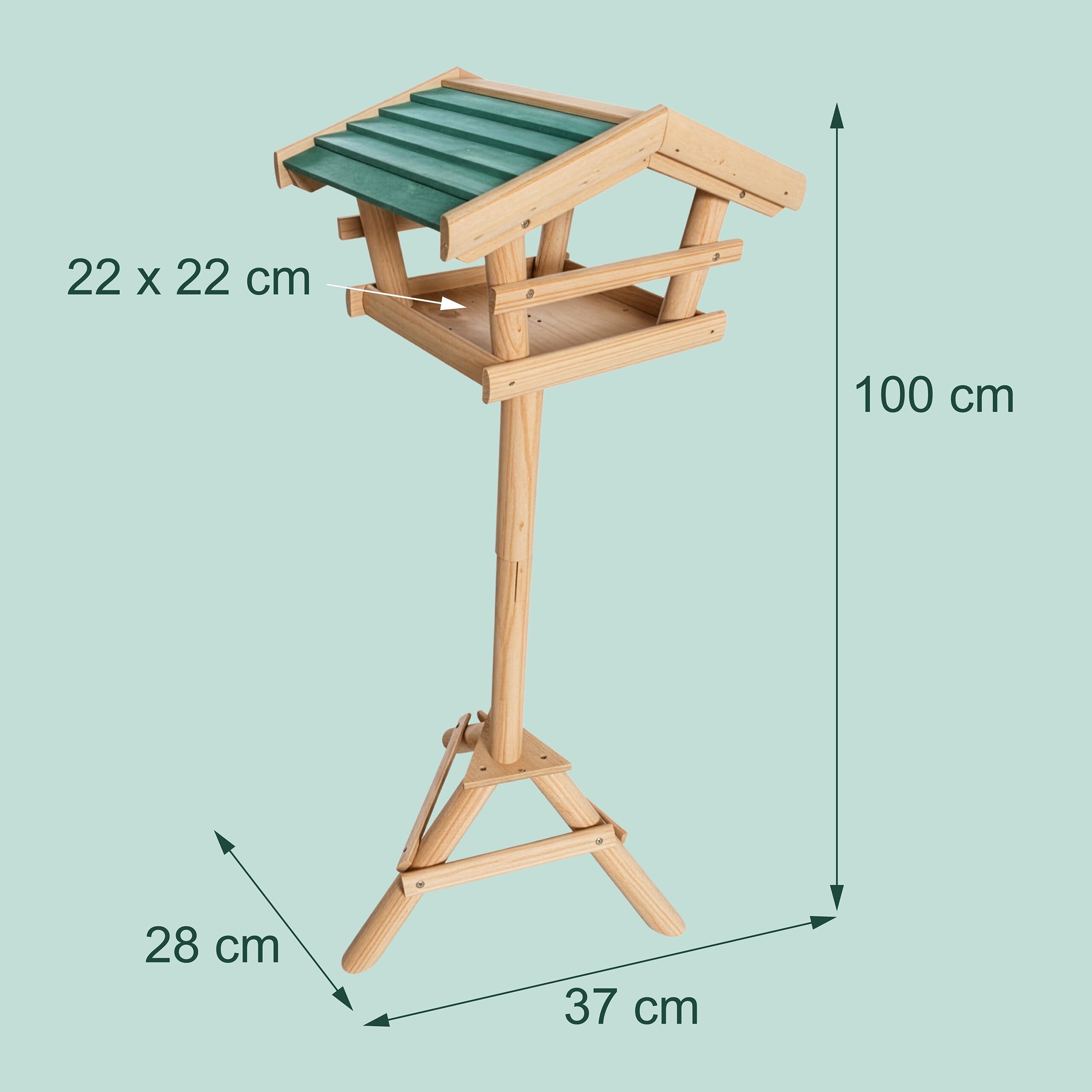 Relaxdays Cabane à oiseaux avec pied Support Décoration de jardin Mangeoire en bois Déco H x l x P: 100 x 37 x 43 cm, avec toit vert, 43x37x100 cm