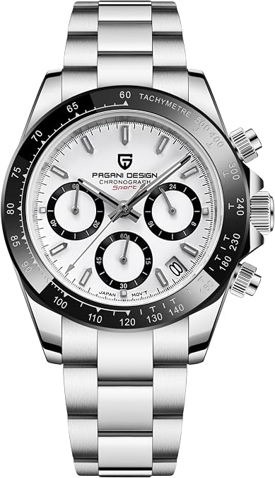 Pagani Design Men's Quartz Watch Simple Style High Precision Chronograph Waterproof Ceramic Bezel Stainless Steel Chain